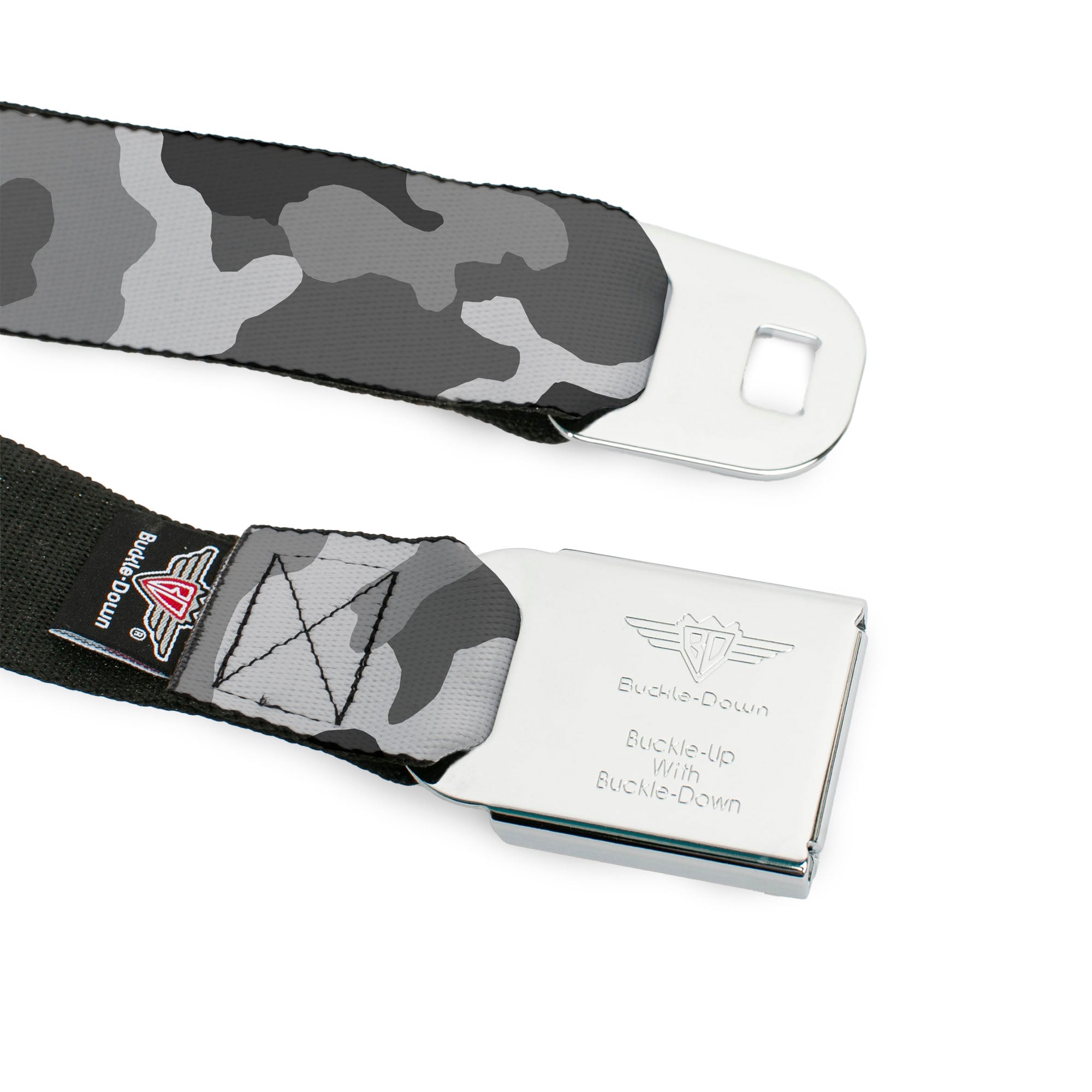 BD Wings Logo CLOSE-UP Full Color Black Silver Seatbelt Belt - Camo White Webbing Seatbelt Belts Buckle-Down