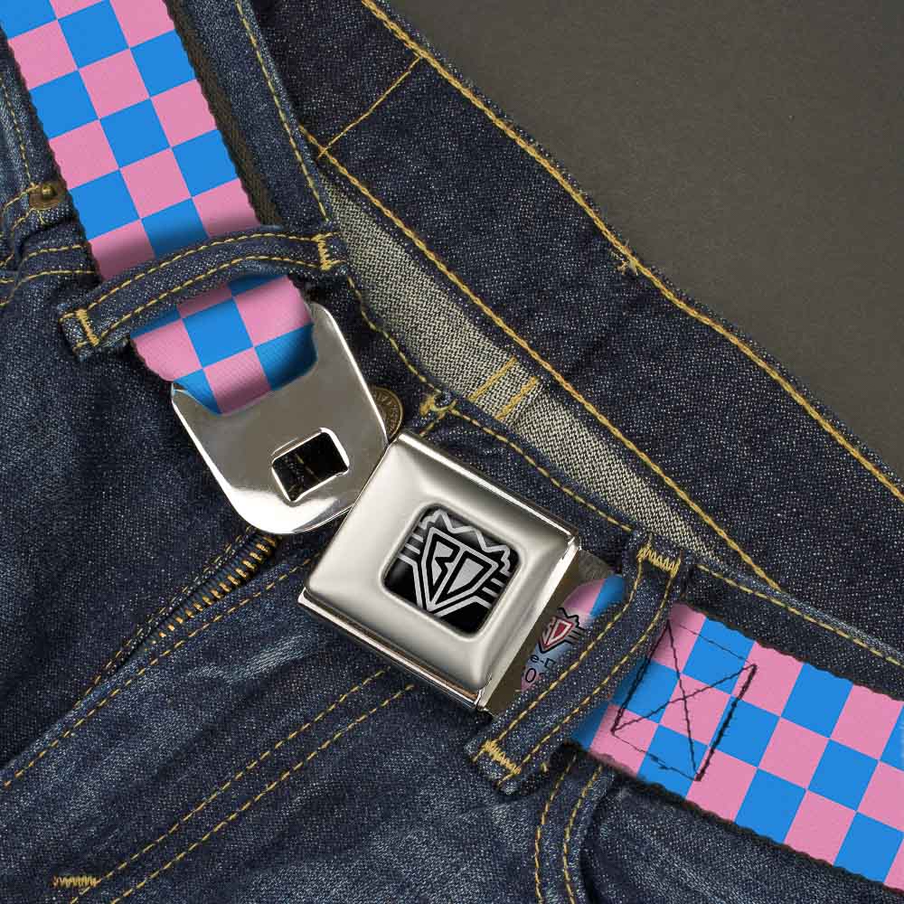 BD Wings Logo CLOSE-UP Full Color Black Silver Seatbelt Belt - Checker Baby Pink/Baby Blue Webbing Seatbelt Belts Buckle-Down