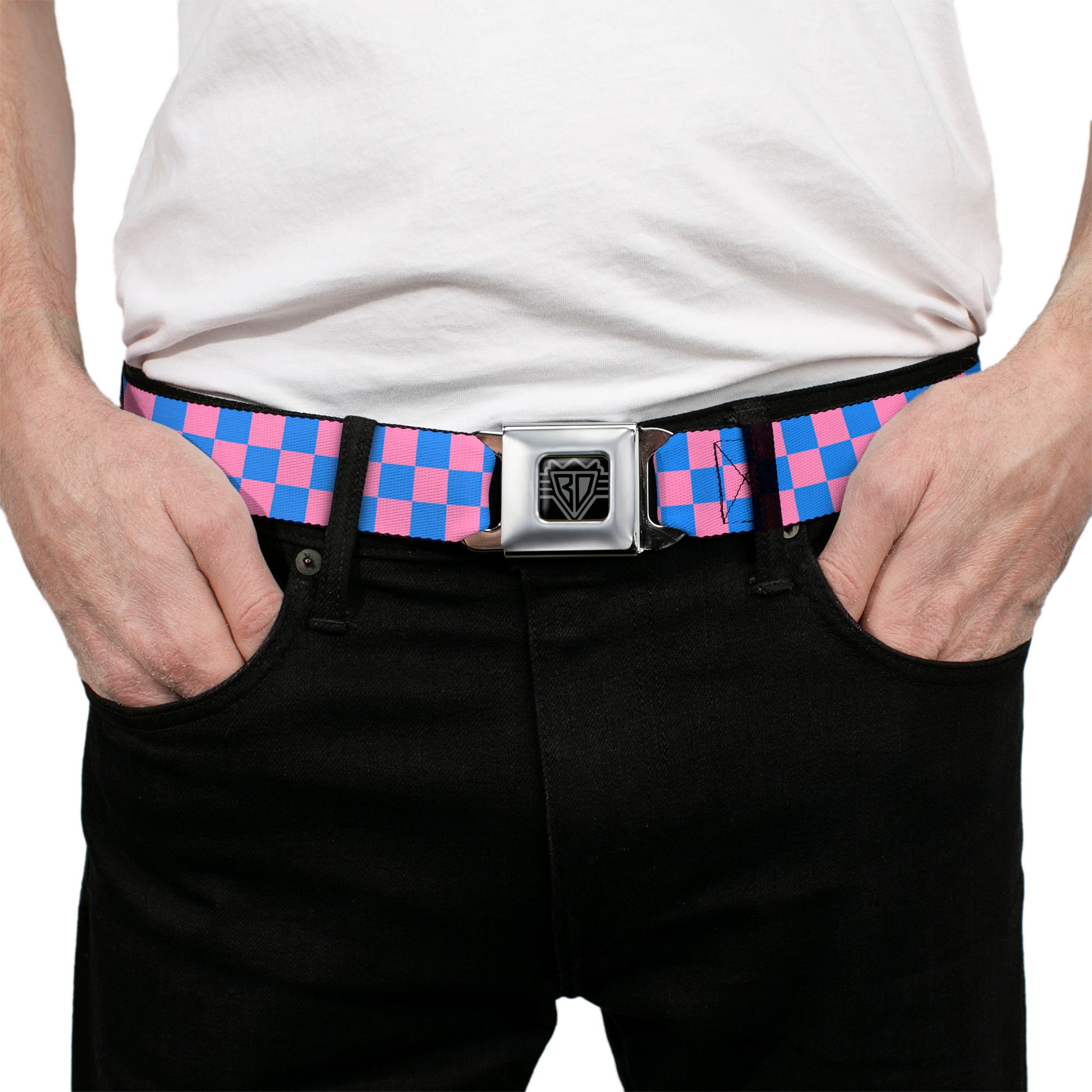 BD Wings Logo CLOSE-UP Full Color Black Silver Seatbelt Belt - Checker Baby Pink/Baby Blue Webbing Seatbelt Belts Buckle-Down