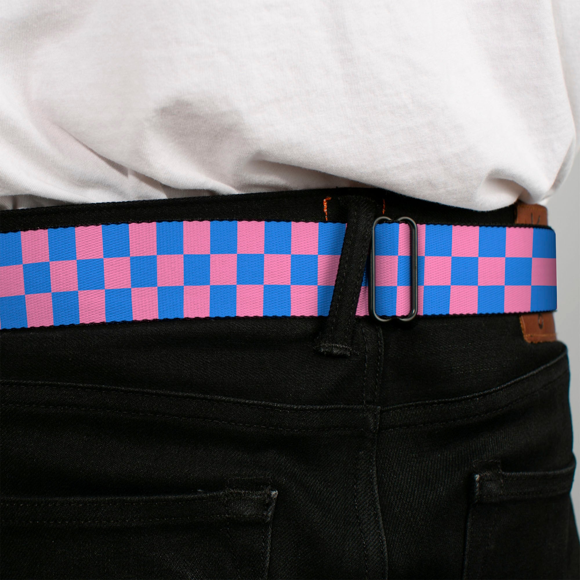BD Wings Logo CLOSE-UP Full Color Black Silver Seatbelt Belt - Checker Baby Pink/Baby Blue Webbing Seatbelt Belts Buckle-Down