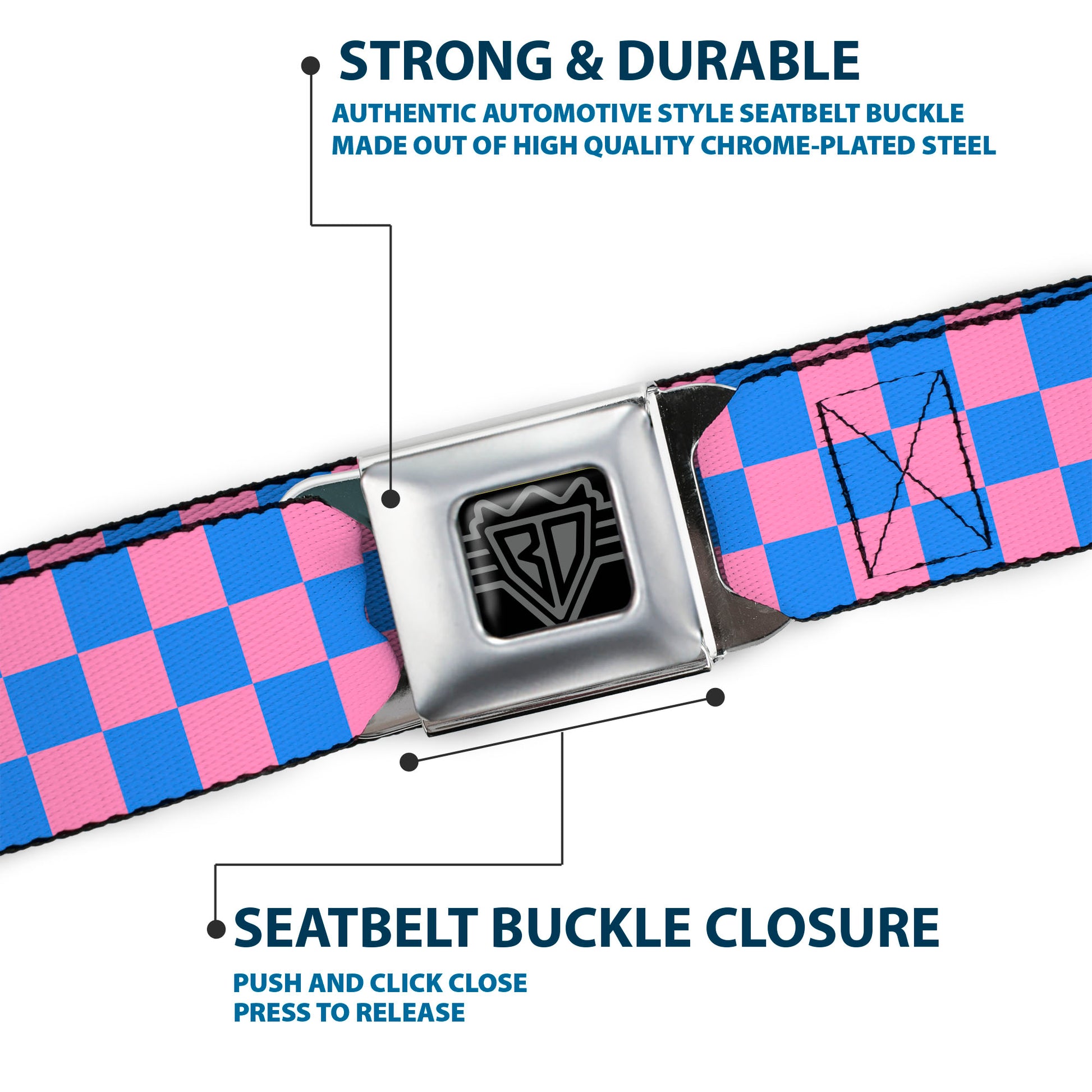 BD Wings Logo CLOSE-UP Full Color Black Silver Seatbelt Belt - Checker Baby Pink/Baby Blue Webbing Seatbelt Belts Buckle-Down