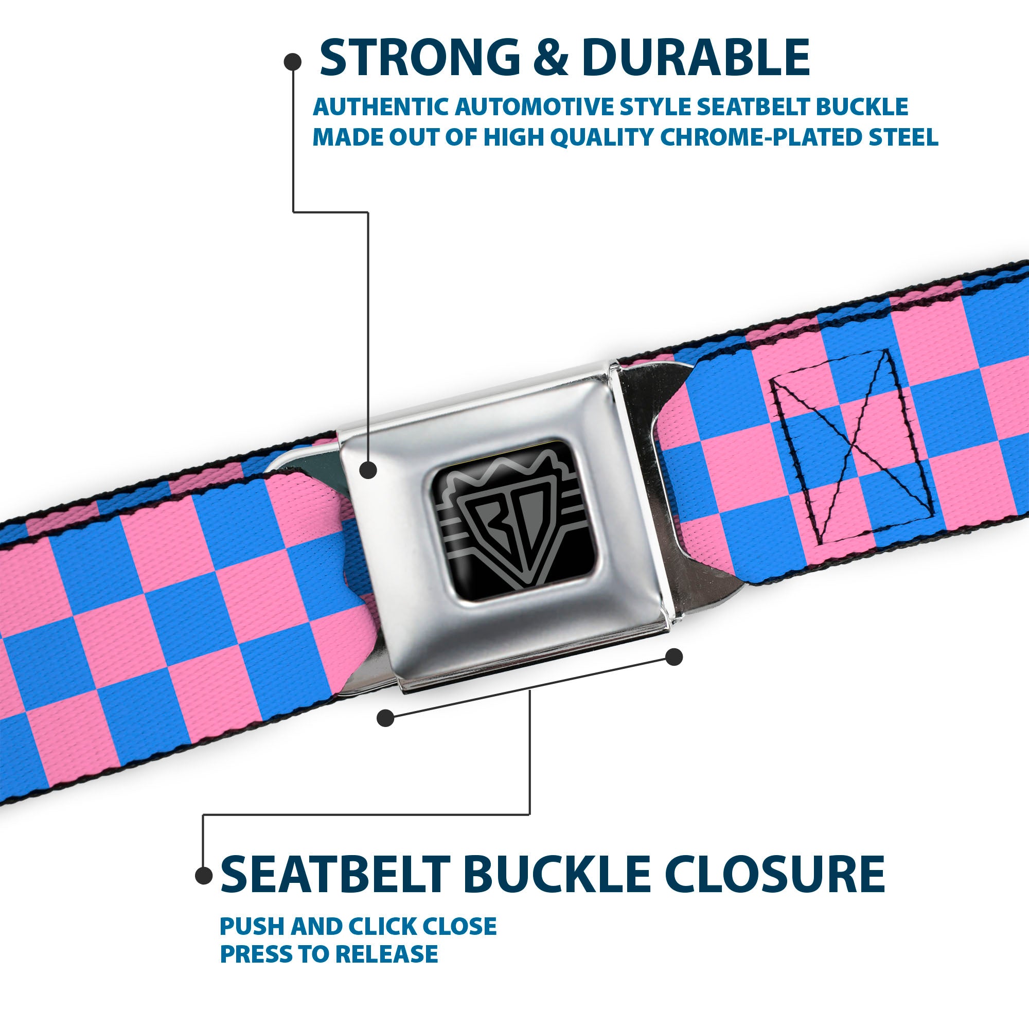 BD Wings Logo CLOSE-UP Full Color Black Silver Seatbelt Belt - Checker Baby Pink/Baby Blue Webbing Seatbelt Belts Buckle-Down