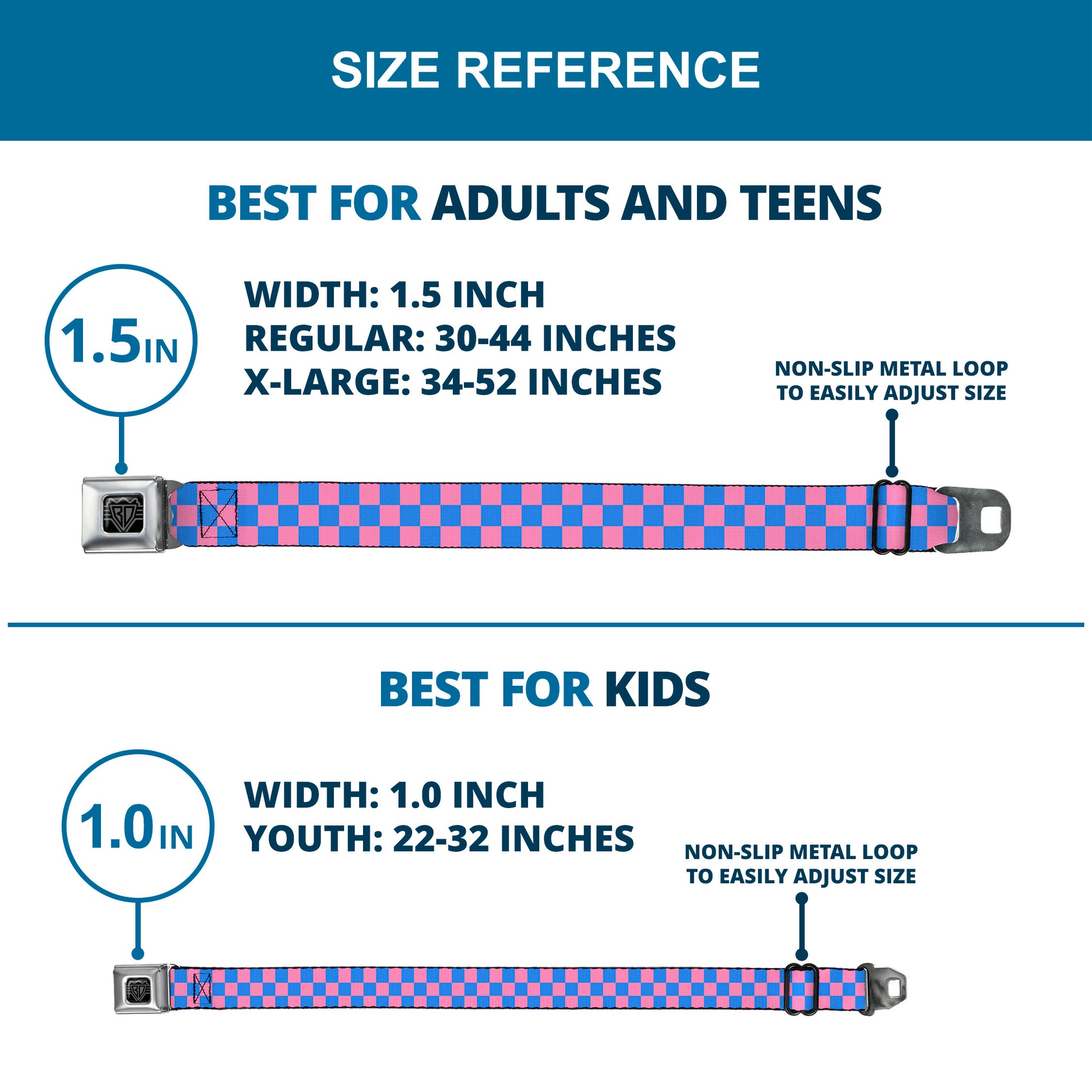 BD Wings Logo CLOSE-UP Full Color Black Silver Seatbelt Belt - Checker Baby Pink/Baby Blue Webbing Seatbelt Belts Buckle-Down