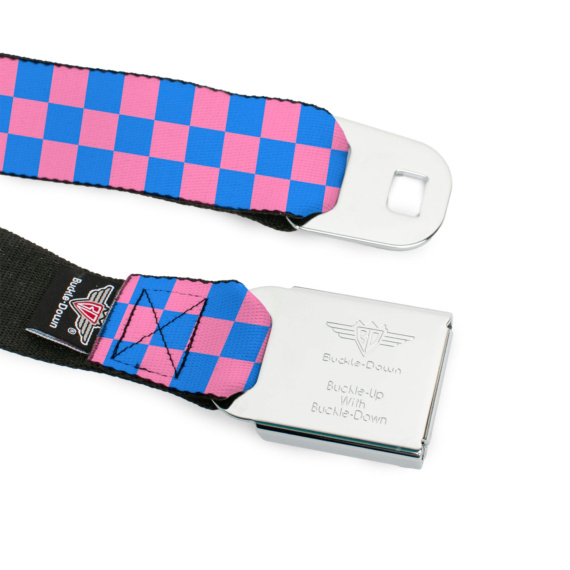 BD Wings Logo CLOSE-UP Full Color Black Silver Seatbelt Belt - Checker Baby Pink/Baby Blue Webbing Seatbelt Belts Buckle-Down