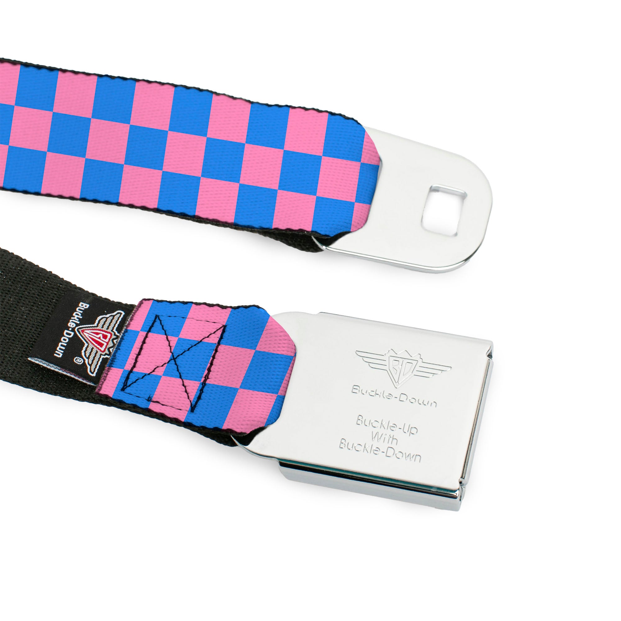 BD Wings Logo CLOSE-UP Full Color Black Silver Seatbelt Belt - Checker Baby Pink/Baby Blue Webbing Seatbelt Belts Buckle-Down