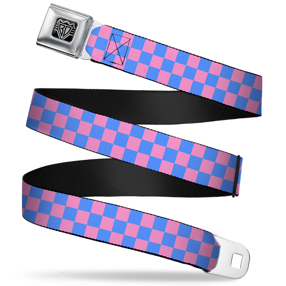 BD Wings Logo CLOSE-UP Full Color Black Silver Seatbelt Belt - Checker Baby Pink/Baby Blue Webbing Seatbelt Belts Buckle-Down