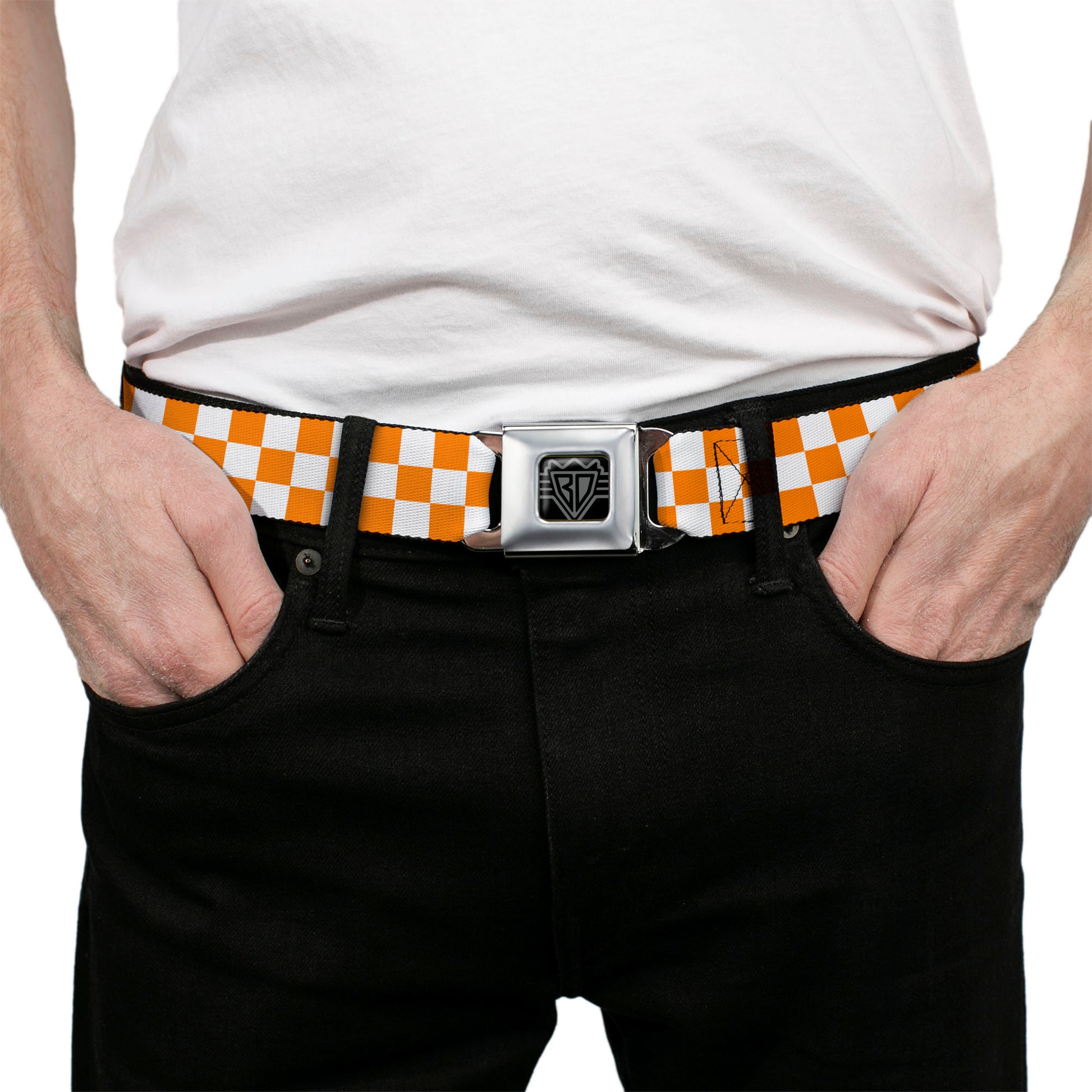 BD Wings Logo CLOSE-UP Full Color Black Silver Seatbelt Belt - Checker White/TN Orange Webbing Seatbelt Belts Buckle-Down