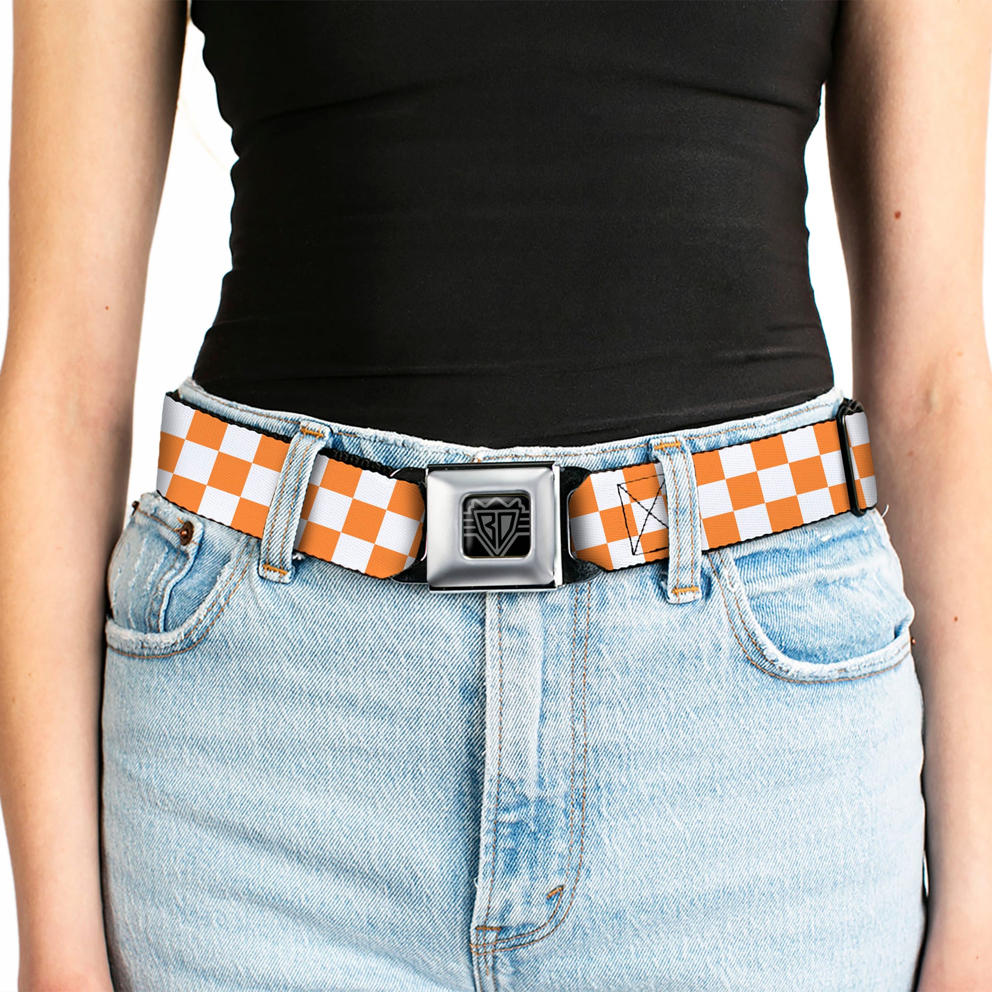 BD Wings Logo CLOSE-UP Full Color Black Silver Seatbelt Belt - Checker White/TN Orange Webbing Seatbelt Belts Buckle-Down