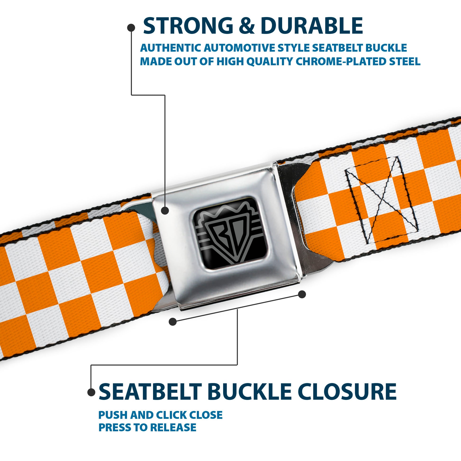 BD Wings Logo CLOSE-UP Full Color Black Silver Seatbelt Belt - Checker White/TN Orange Webbing Seatbelt Belts Buckle-Down