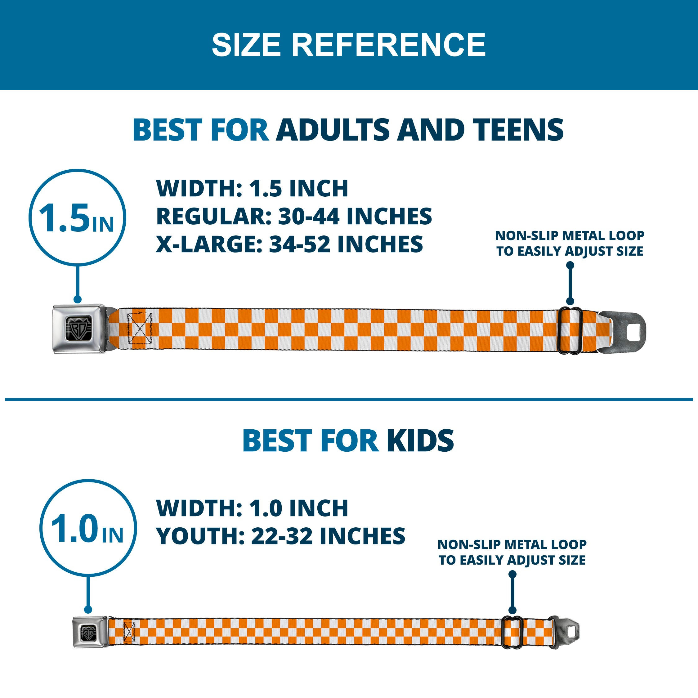 BD Wings Logo CLOSE-UP Full Color Black Silver Seatbelt Belt - Checker White/TN Orange Webbing Seatbelt Belts Buckle-Down