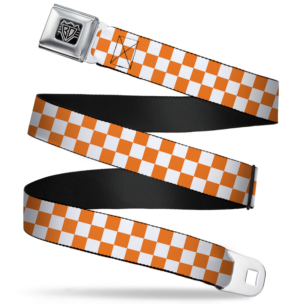 BD Wings Logo CLOSE-UP Full Color Black Silver Seatbelt Belt - Checker White/TN Orange Webbing Seatbelt Belts Buckle-Down