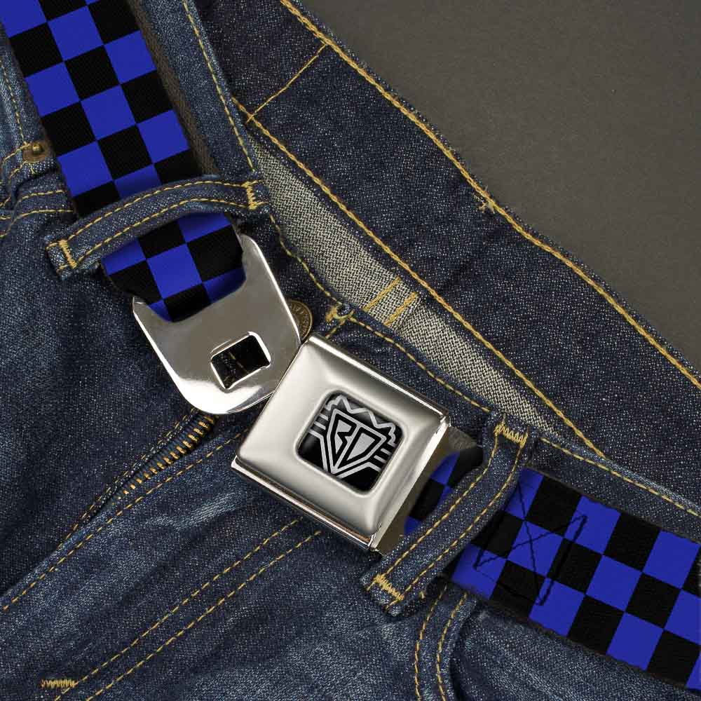 BD Wings Logo CLOSE-UP Full Color Black Silver Seatbelt Belt - Checker Black/Neon Blue Webbing Seatbelt Belts Buckle-Down