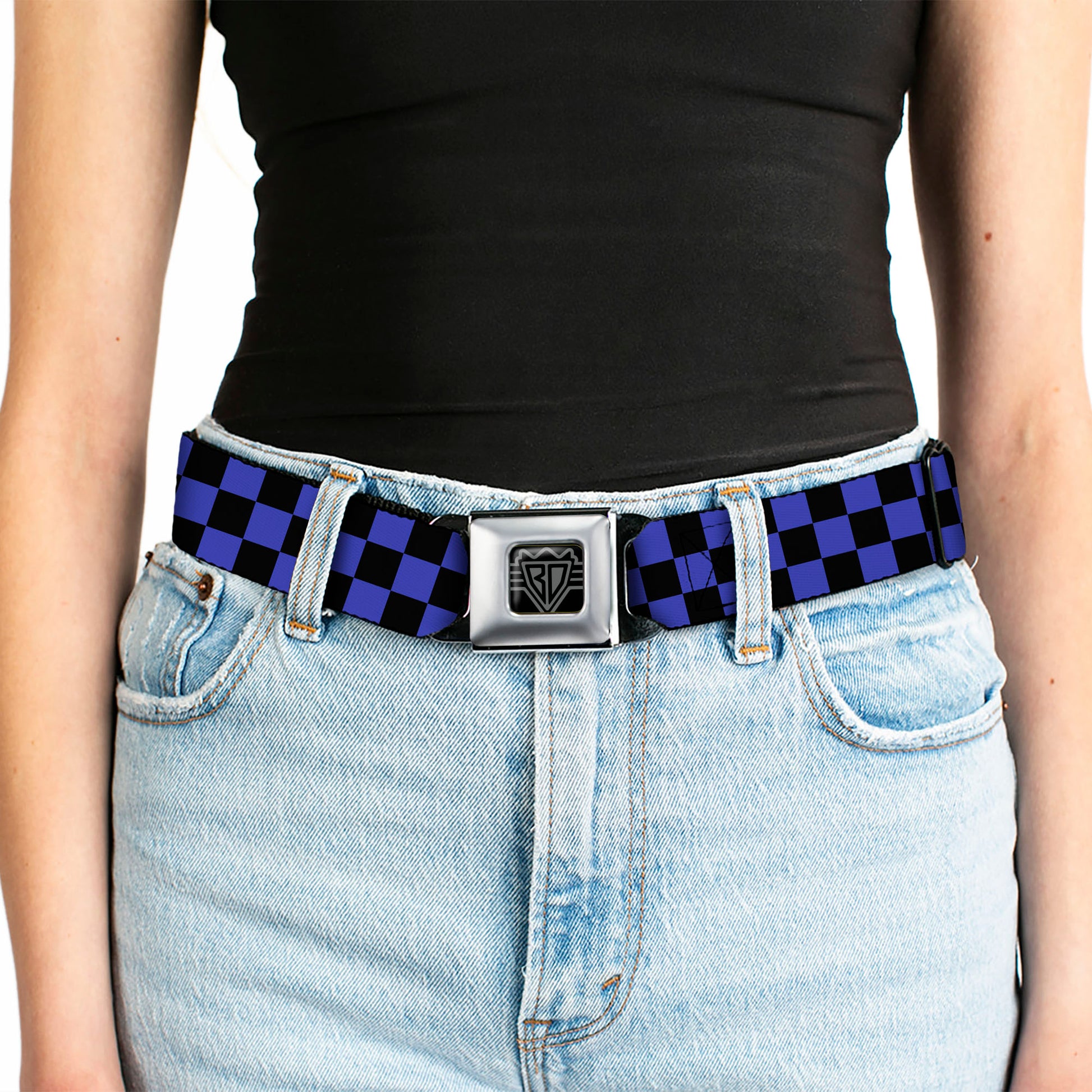 BD Wings Logo CLOSE-UP Full Color Black Silver Seatbelt Belt - Checker Black/Neon Blue Webbing Seatbelt Belts Buckle-Down