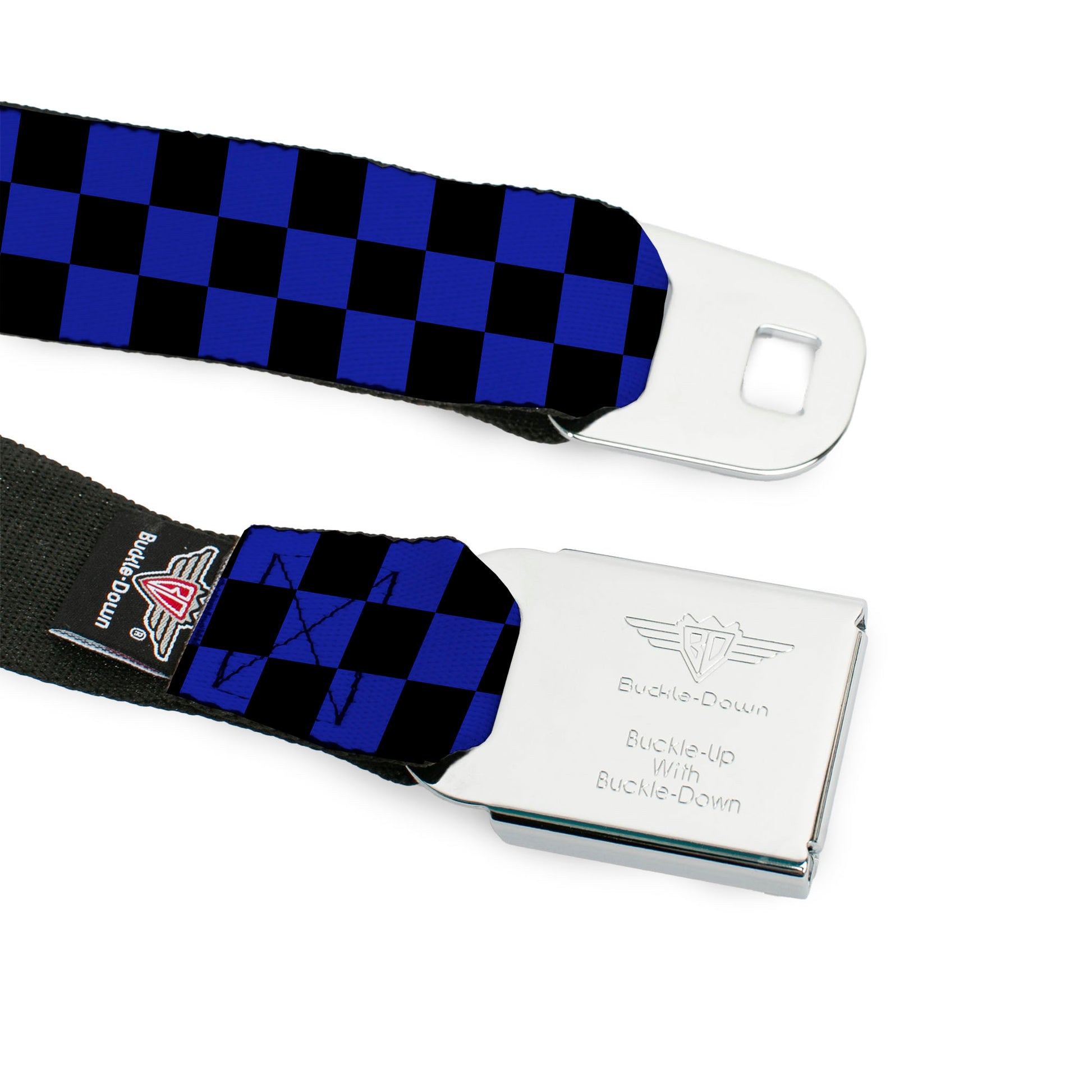 BD Wings Logo CLOSE-UP Full Color Black Silver Seatbelt Belt - Checker Black/Neon Blue Webbing Seatbelt Belts Buckle-Down