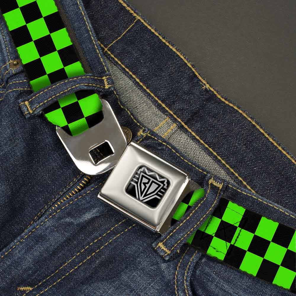 BD Wings Logo CLOSE-UP Full Color Black Silver Seatbelt Belt - Checker Black/Neon Green Webbing Seatbelt Belts Buckle-Down