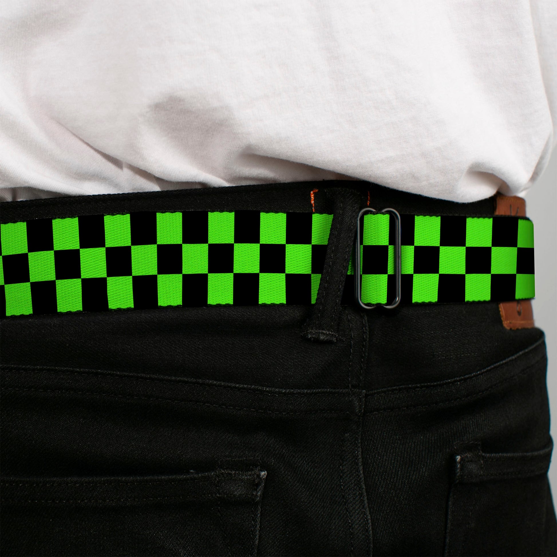 BD Wings Logo CLOSE-UP Full Color Black Silver Seatbelt Belt - Checker Black/Neon Green Webbing Seatbelt Belts Buckle-Down