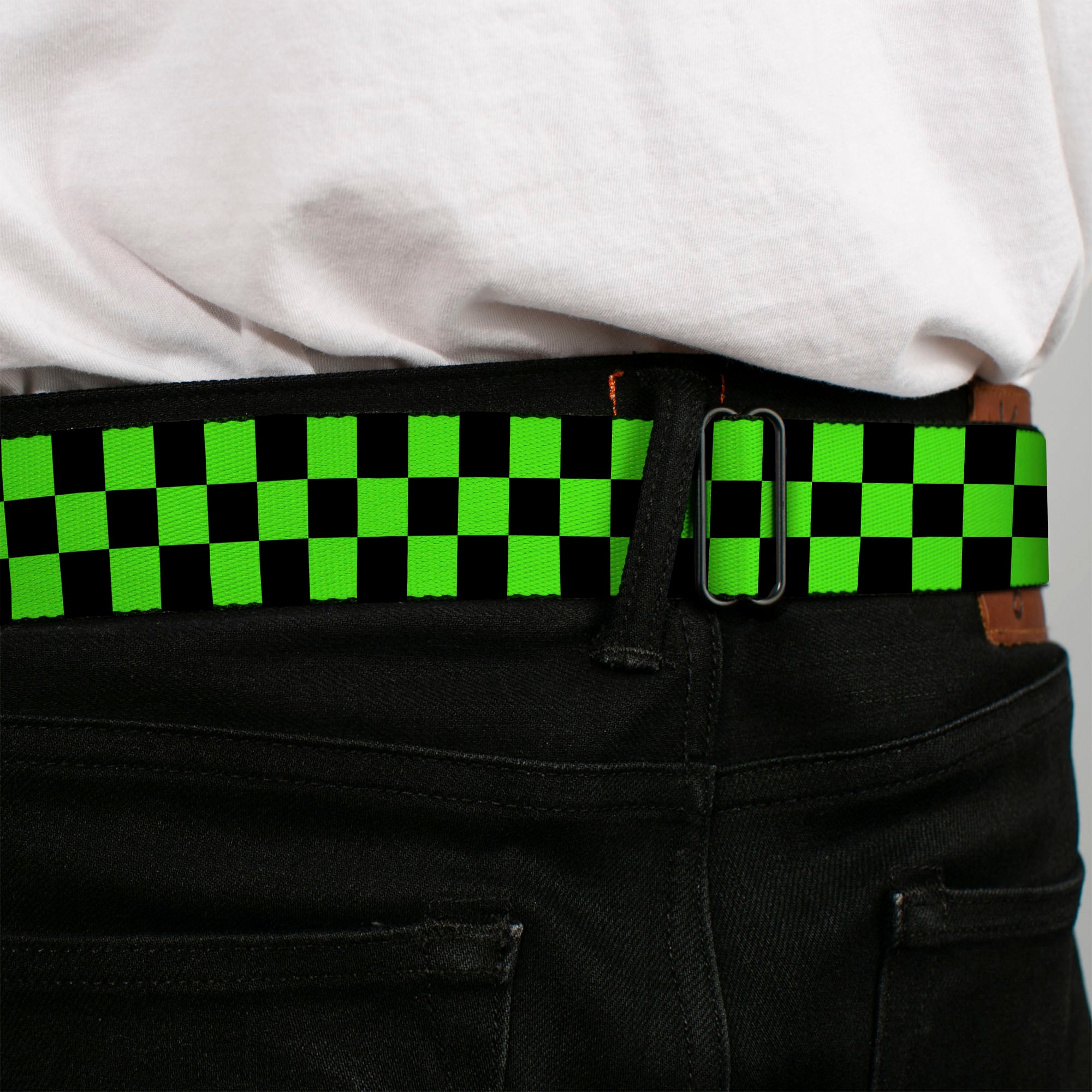 BD Wings Logo CLOSE-UP Full Color Black Silver Seatbelt Belt - Checker Black/Neon Green Webbing Seatbelt Belts Buckle-Down