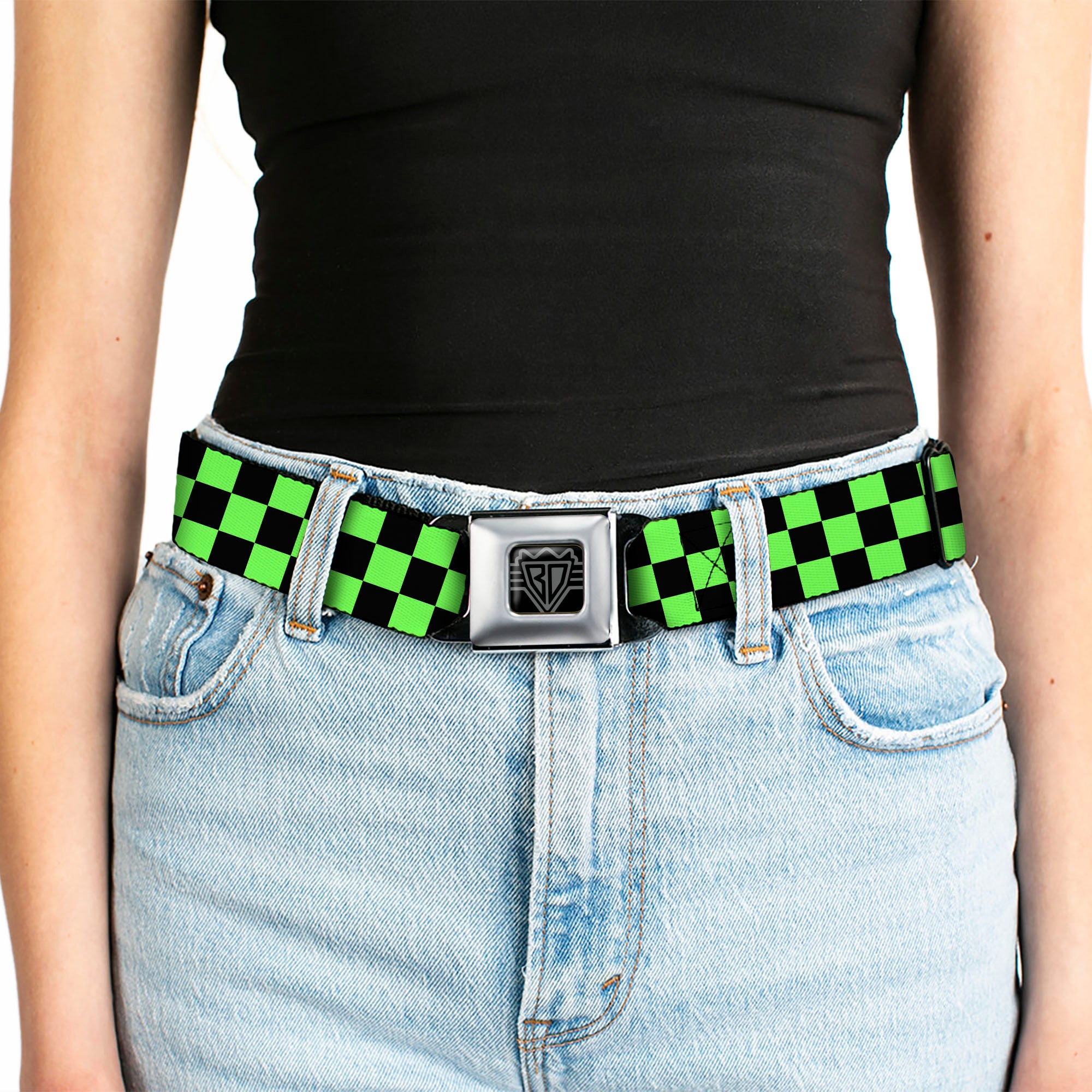 BD Wings Logo CLOSE-UP Full Color Black Silver Seatbelt Belt - Checker Black/Neon Green Webbing Seatbelt Belts Buckle-Down
