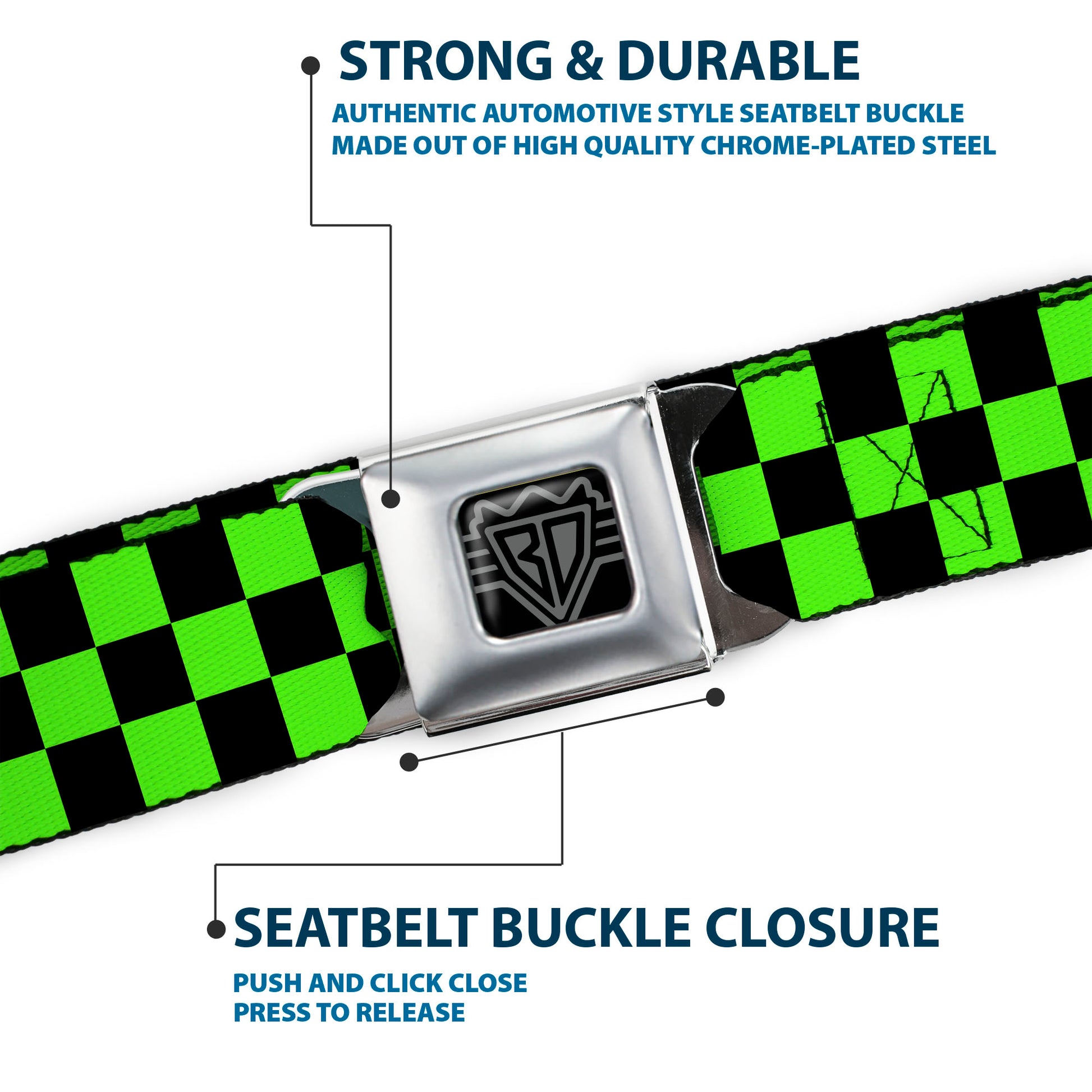 BD Wings Logo CLOSE-UP Full Color Black Silver Seatbelt Belt - Checker Black/Neon Green Webbing Seatbelt Belts Buckle-Down