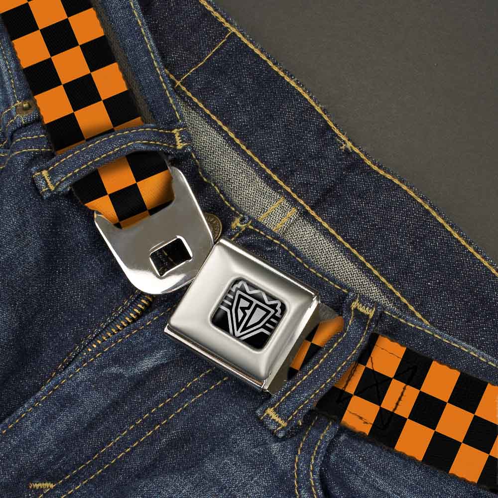 BD Wings Logo CLOSE-UP Full Color Black Silver Seatbelt Belt - Checker Black/Neon Orange Webbing Seatbelt Belts Buckle-Down