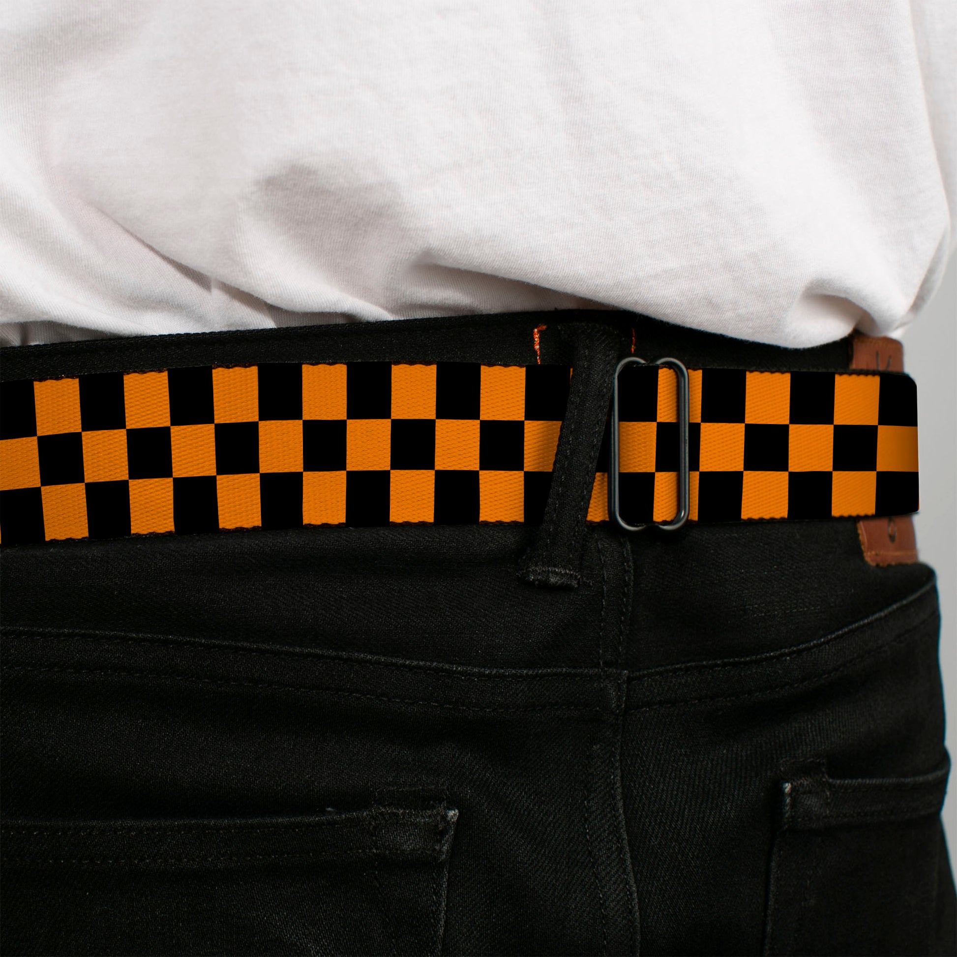 BD Wings Logo CLOSE-UP Full Color Black Silver Seatbelt Belt - Checker Black/Neon Orange Webbing Seatbelt Belts Buckle-Down