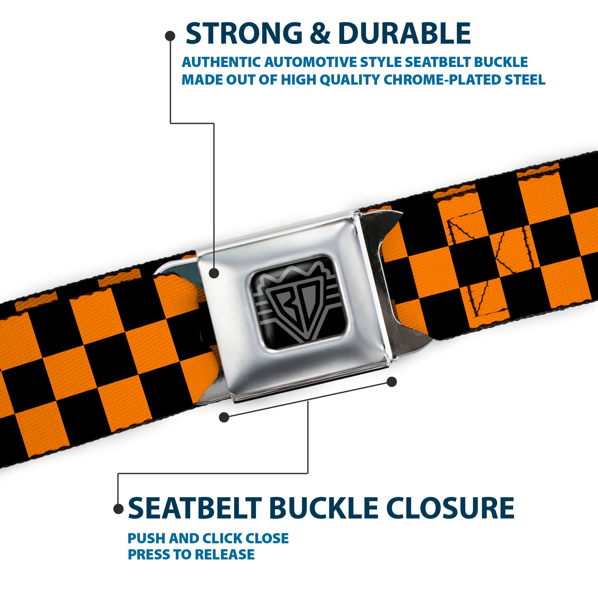 BD Wings Logo CLOSE-UP Full Color Black Silver Seatbelt Belt - Checker Black/Neon Orange Webbing Seatbelt Belts Buckle-Down
