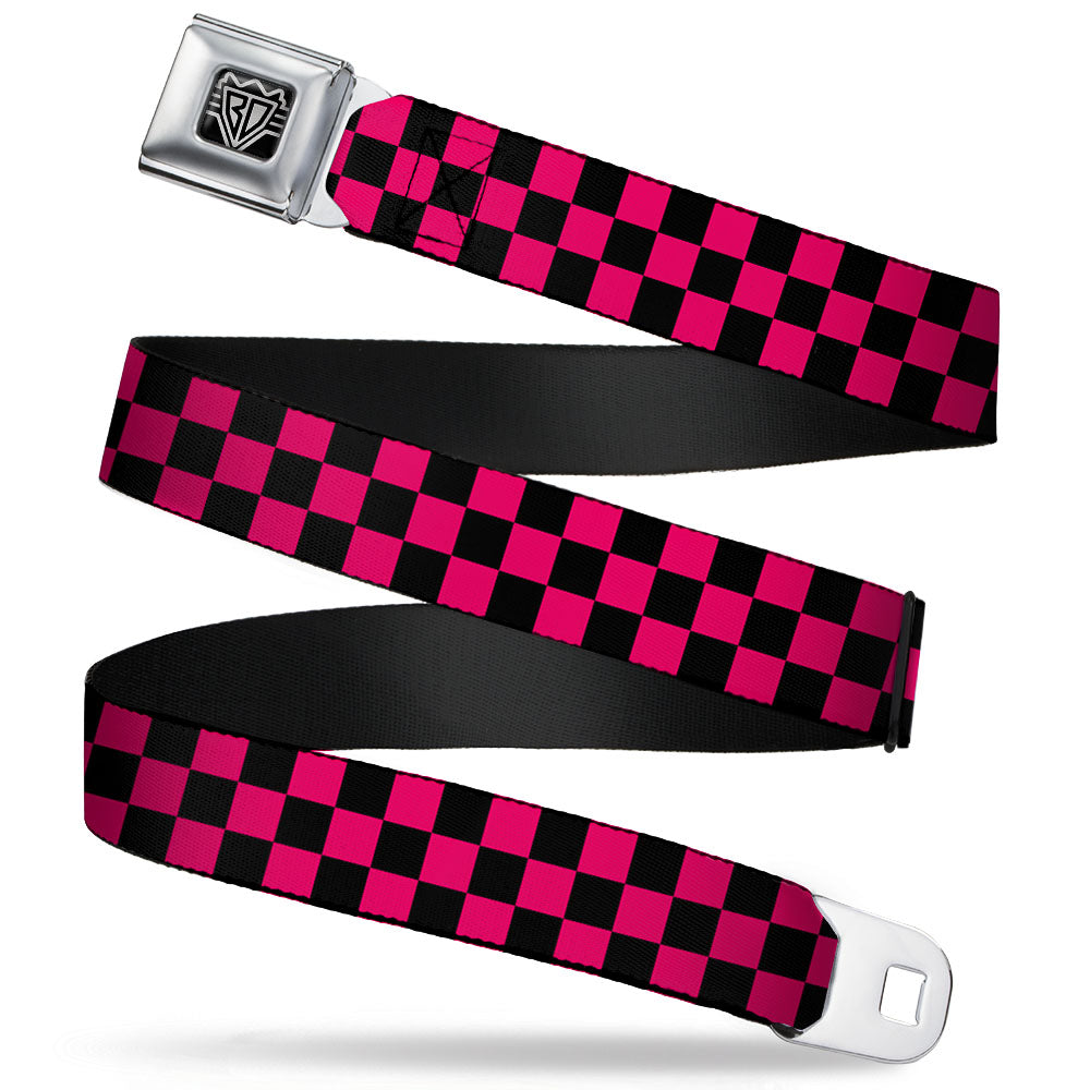 BD Wings Logo CLOSE-UP Full Color Black Silver Seatbelt Belt - Checker Black/Neon Pink Webbing Seatbelt Belts Buckle-Down