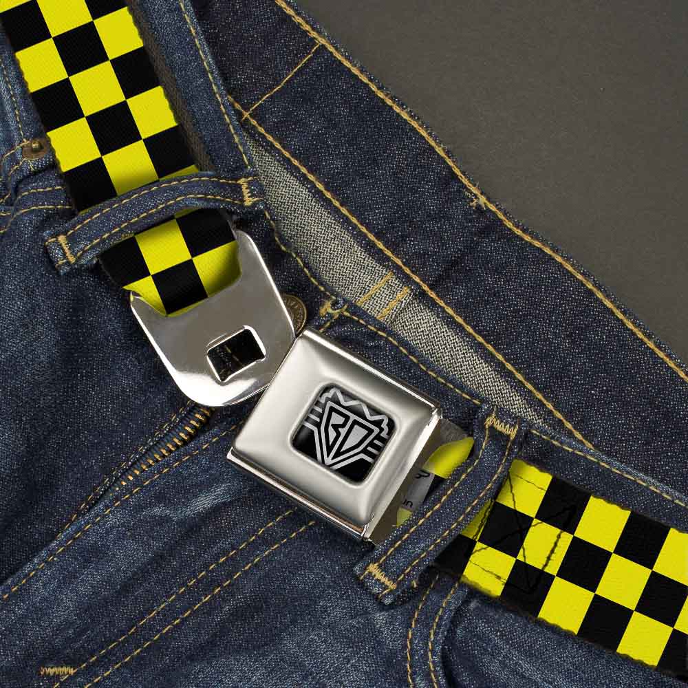 BD Wings Logo CLOSE-UP Full Color Black Silver Seatbelt Belt - Checker Black/Neon Yellow Webbing Seatbelt Belts Buckle-Down