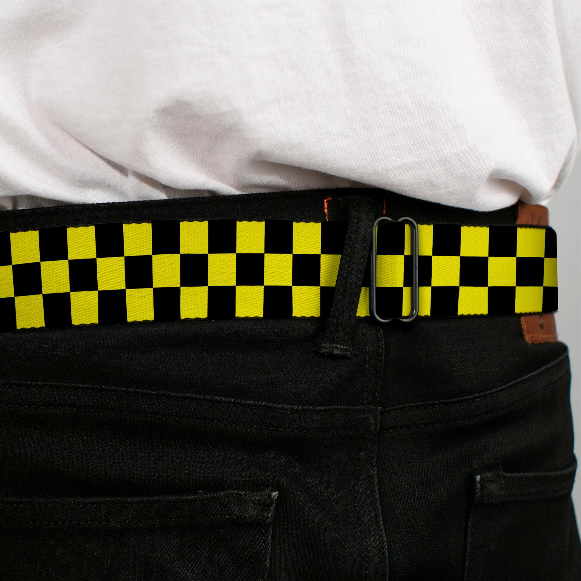 BD Wings Logo CLOSE-UP Full Color Black Silver Seatbelt Belt - Checker Black/Neon Yellow Webbing Seatbelt Belts Buckle-Down