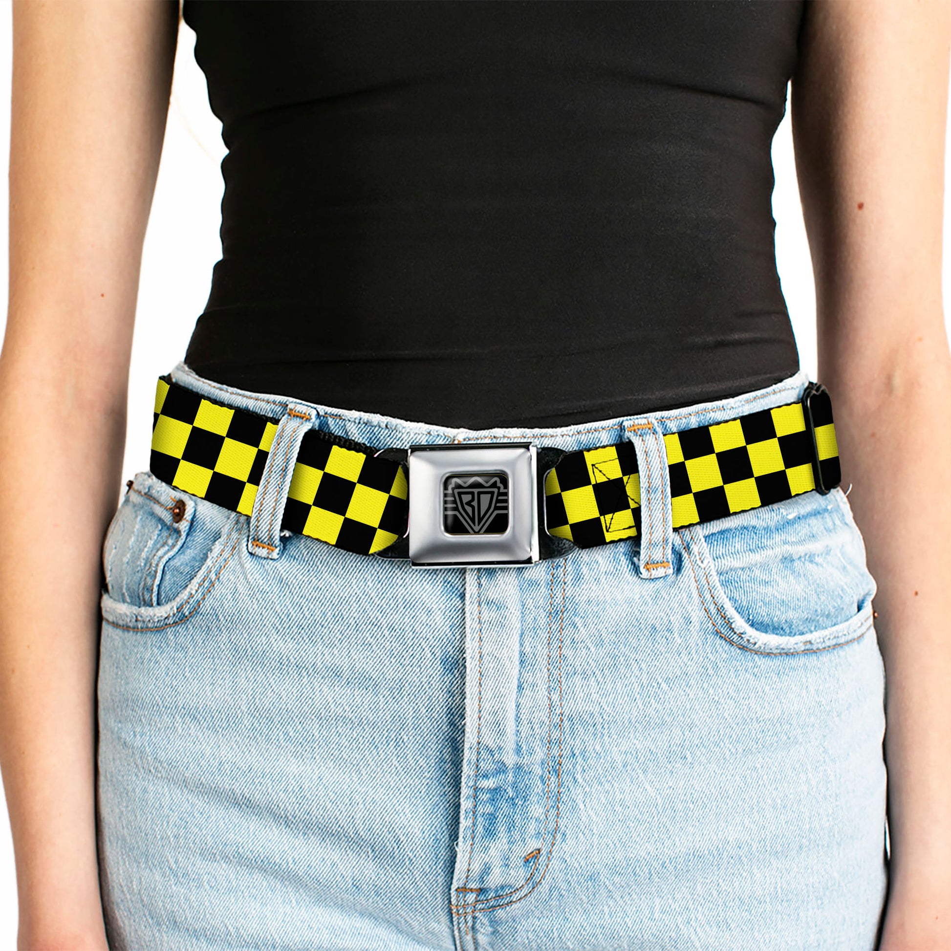 BD Wings Logo CLOSE-UP Full Color Black Silver Seatbelt Belt - Checker Black/Neon Yellow Webbing Seatbelt Belts Buckle-Down