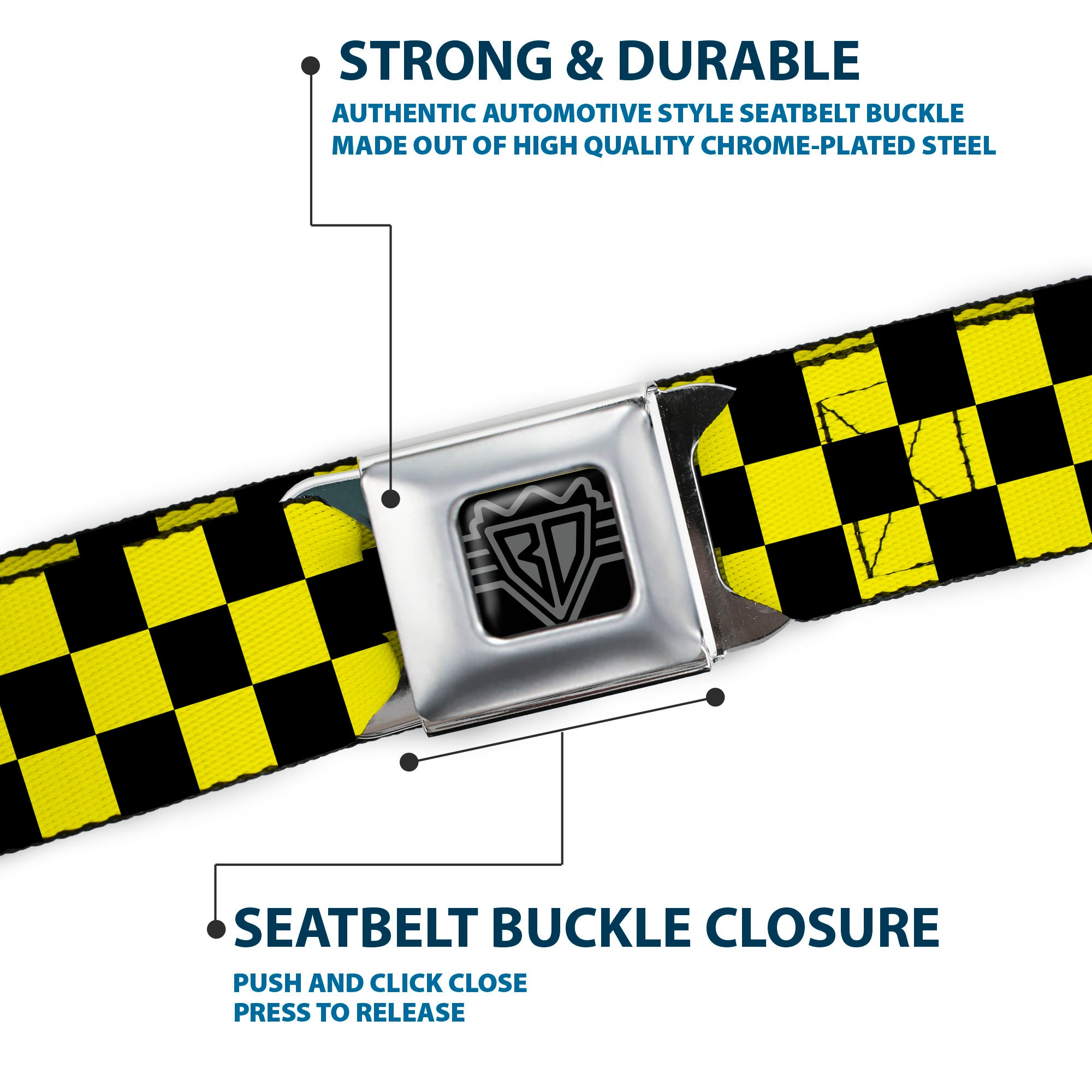BD Wings Logo CLOSE-UP Full Color Black Silver Seatbelt Belt - Checker Black/Neon Yellow Webbing Seatbelt Belts Buckle-Down