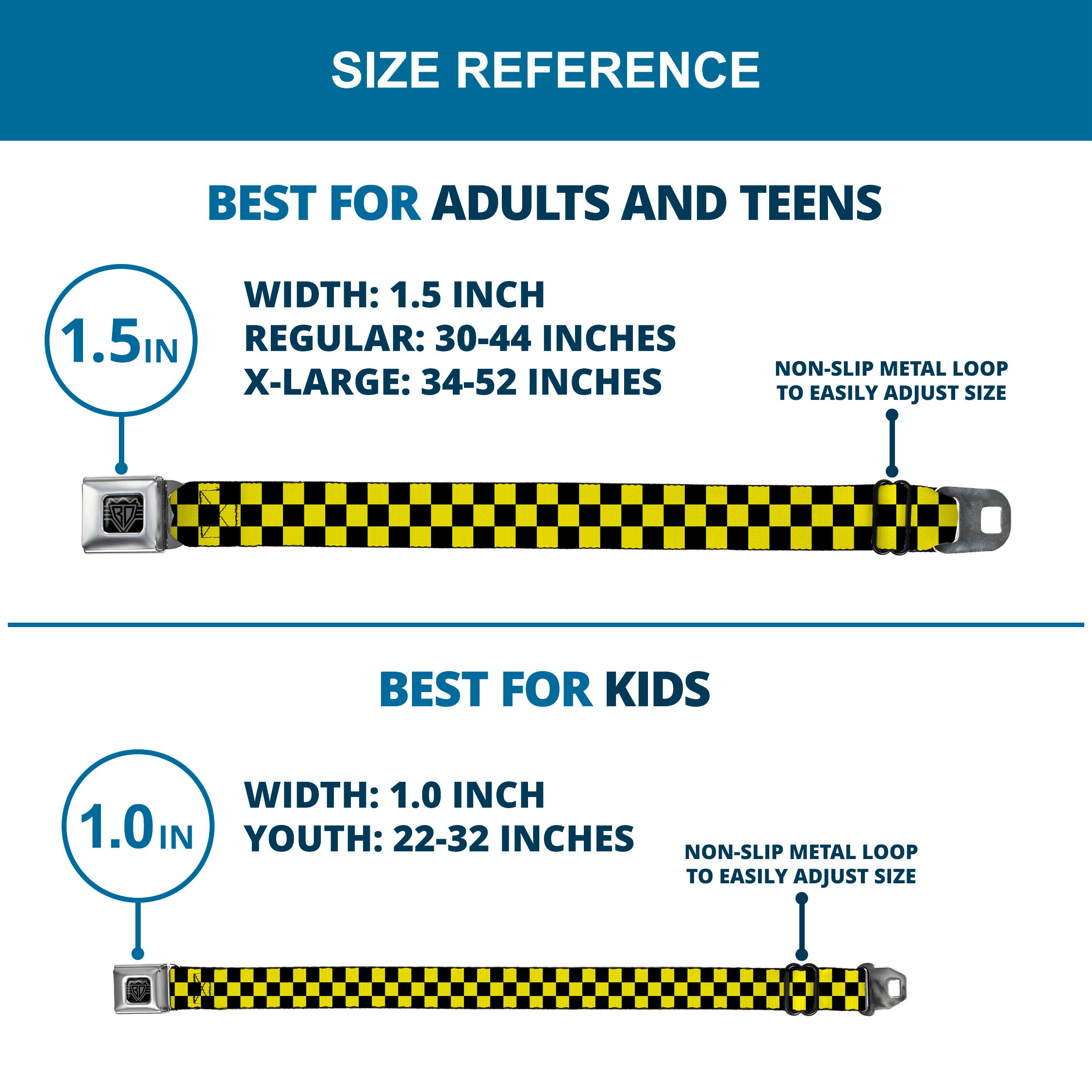 BD Wings Logo CLOSE-UP Full Color Black Silver Seatbelt Belt - Checker Black/Neon Yellow Webbing Seatbelt Belts Buckle-Down