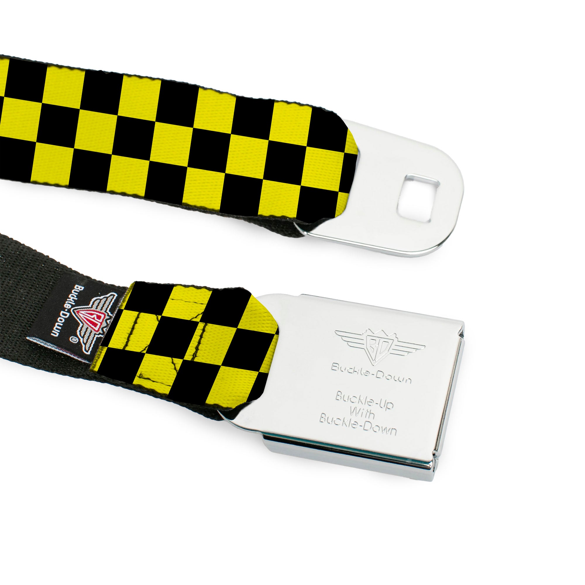 BD Wings Logo CLOSE-UP Full Color Black Silver Seatbelt Belt - Checker Black/Neon Yellow Webbing Seatbelt Belts Buckle-Down