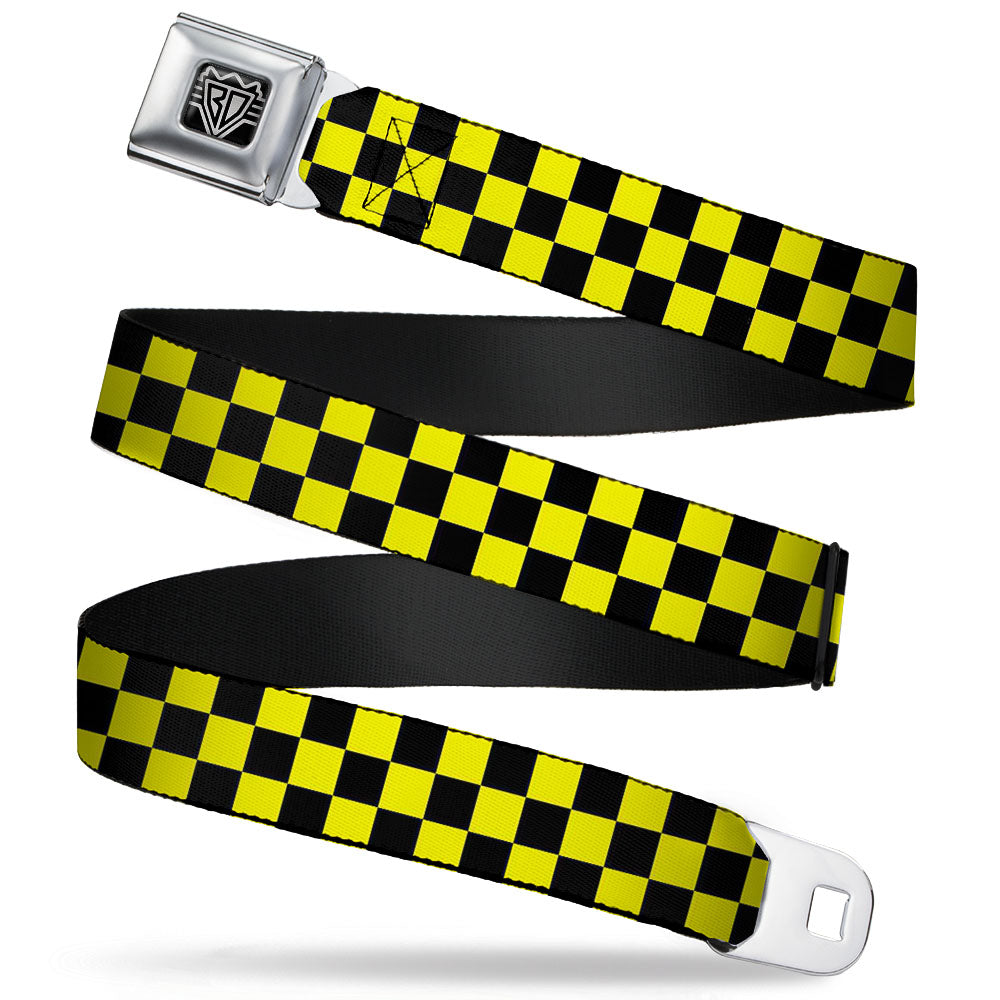 BD Wings Logo CLOSE-UP Full Color Black Silver Seatbelt Belt - Checker Black/Neon Yellow Webbing Seatbelt Belts Buckle-Down