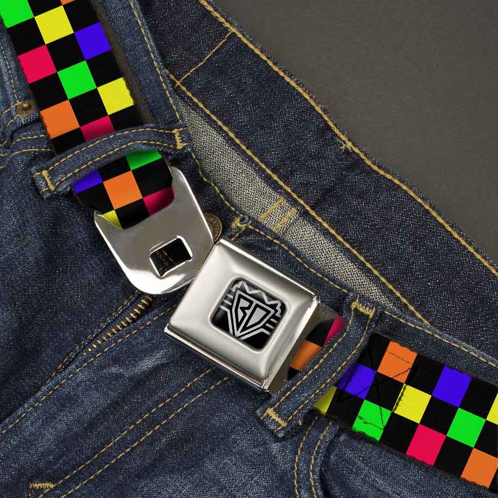 BD Wings Logo CLOSE-UP Full Color Black Silver Seatbelt Belt - Checker Black/Multi Neon Webbing Seatbelt Belts Buckle-Down