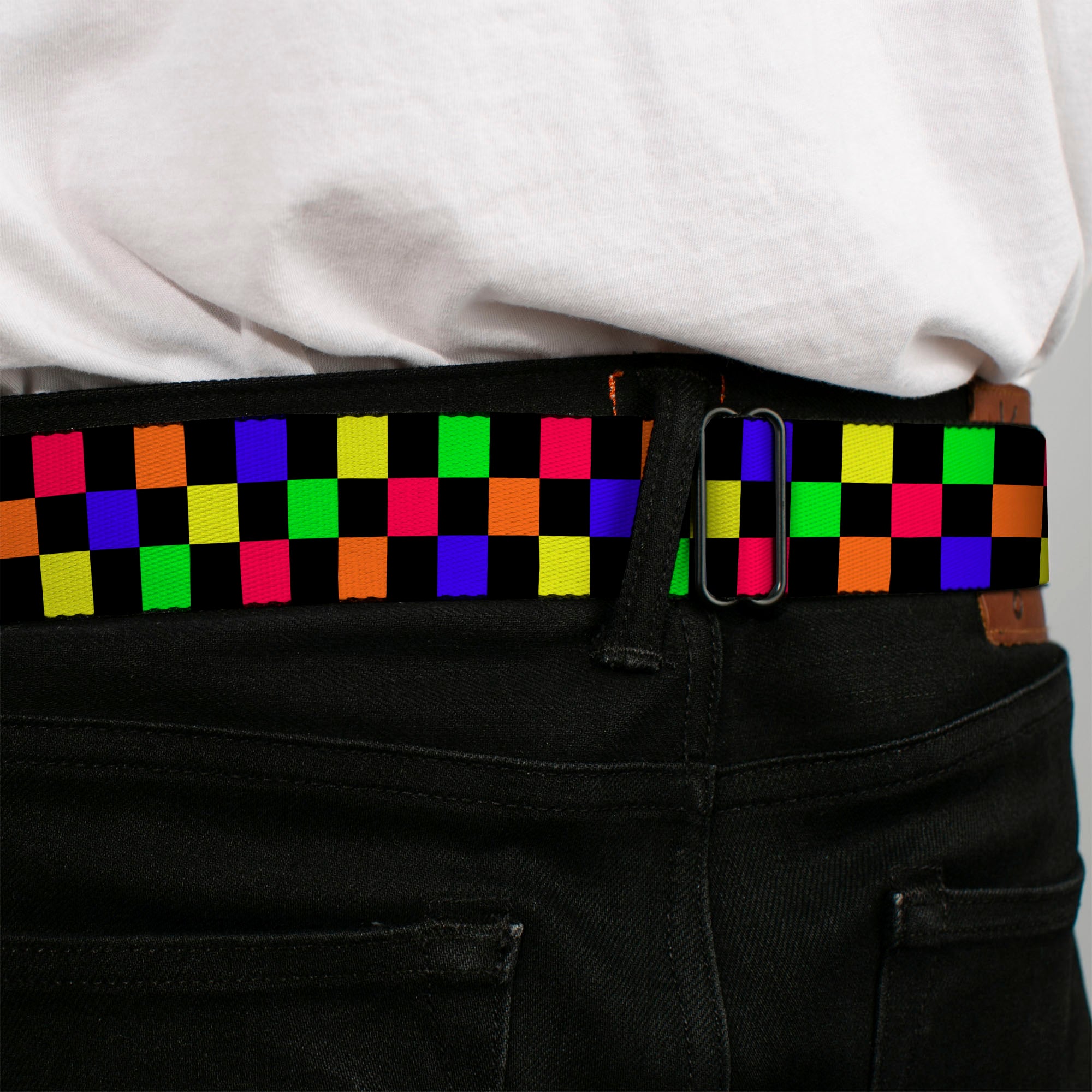 BD Wings Logo CLOSE-UP Full Color Black Silver Seatbelt Belt - Checker Black/Multi Neon Webbing Seatbelt Belts Buckle-Down