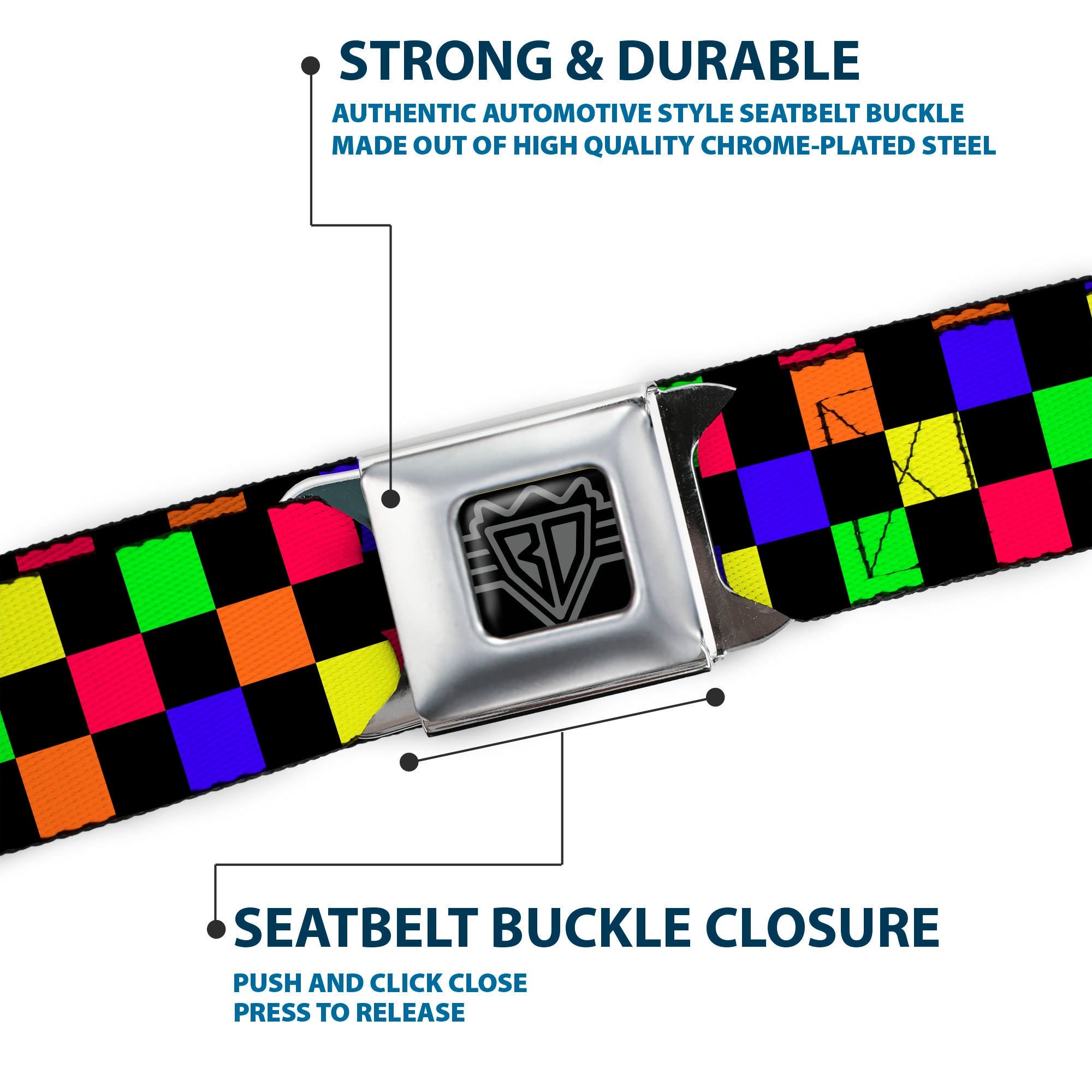 BD Wings Logo CLOSE-UP Full Color Black Silver Seatbelt Belt - Checker Black/Multi Neon Webbing Seatbelt Belts Buckle-Down