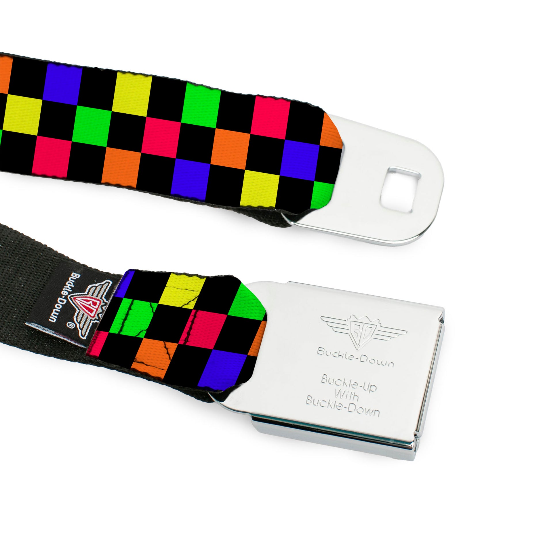 BD Wings Logo CLOSE-UP Full Color Black Silver Seatbelt Belt - Checker Black/Multi Neon Webbing Seatbelt Belts Buckle-Down