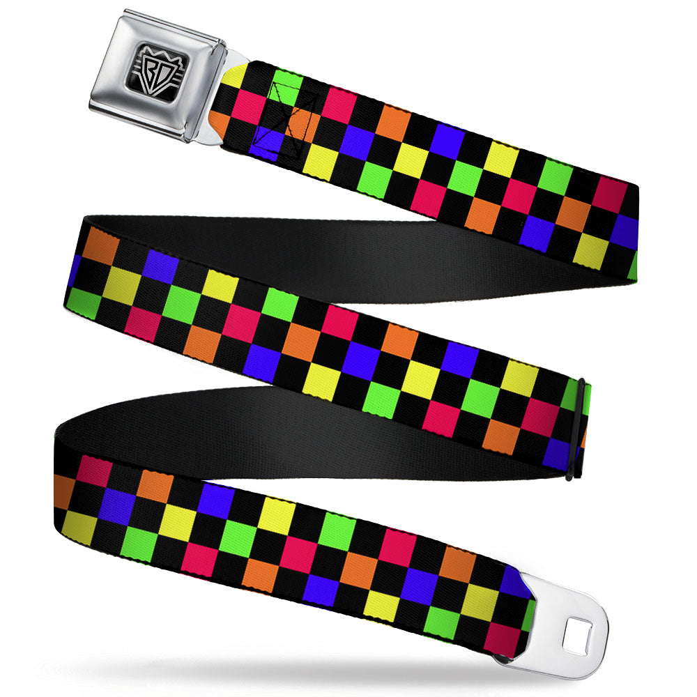 BD Wings Logo CLOSE-UP Full Color Black Silver Seatbelt Belt - Checker Black/Multi Neon Webbing Seatbelt Belts Buckle-Down