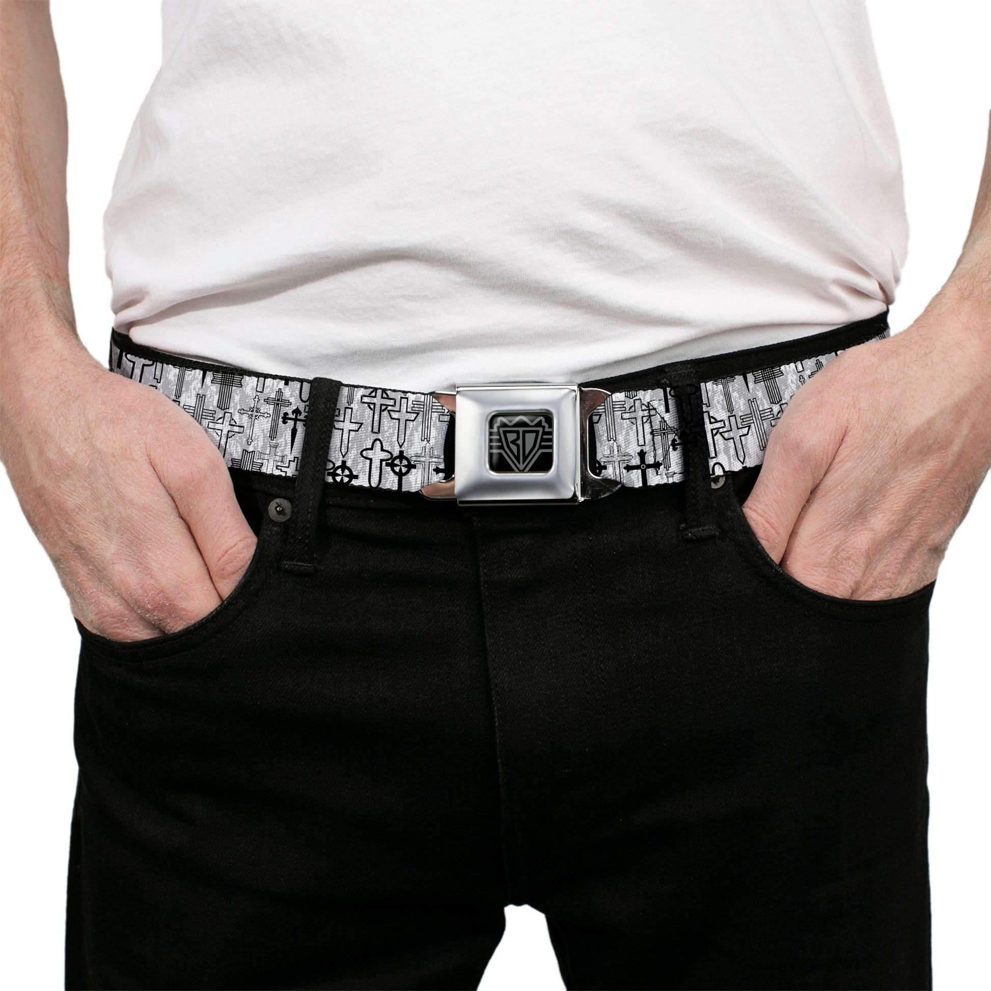 BD Wings Logo CLOSE-UP Full Color Black Silver Seatbelt Belt - Crosses Assorted Distressed White/Black Webbing Seatbelt Belts Buckle-Down