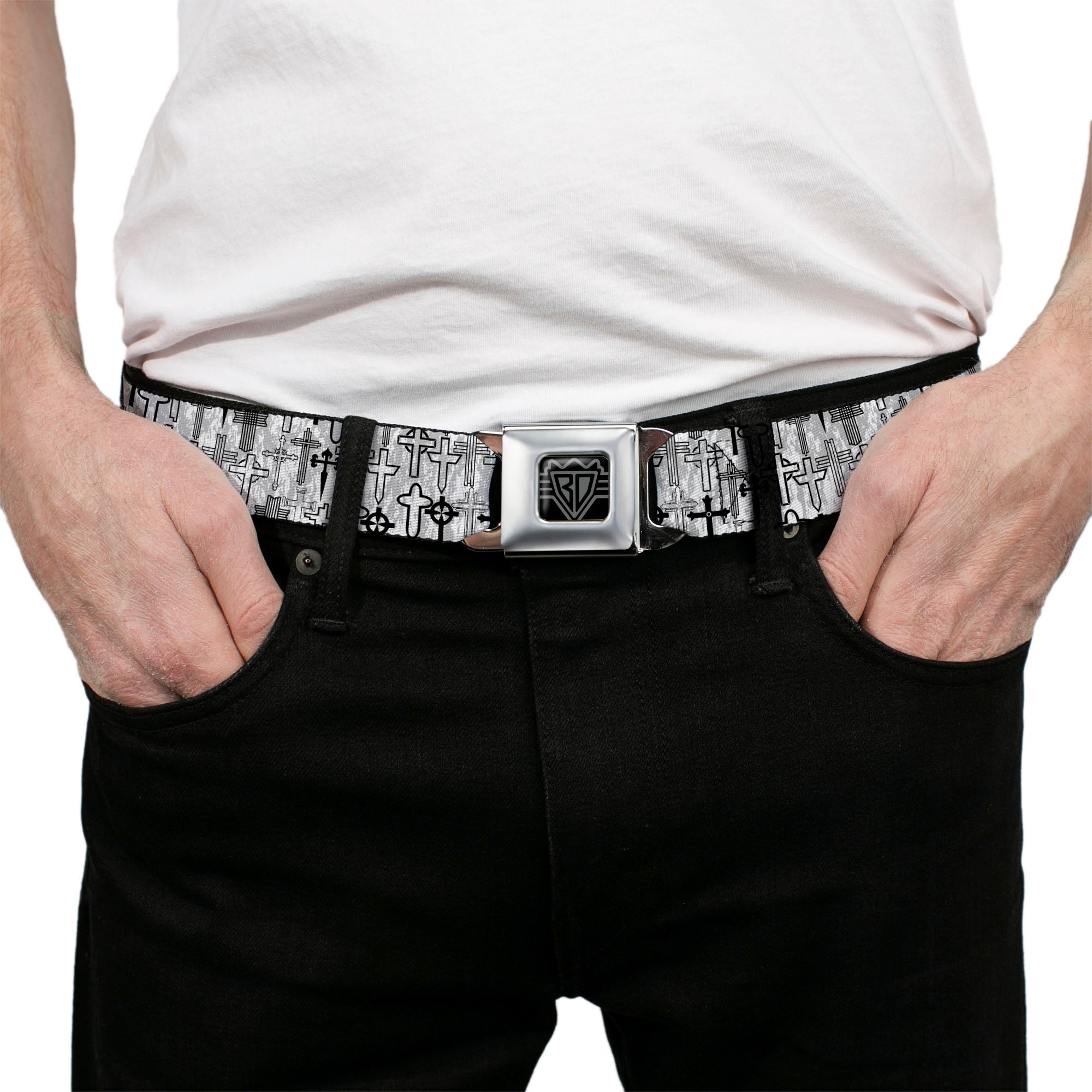 BD Wings Logo CLOSE-UP Full Color Black Silver Seatbelt Belt - Crosses Assorted Distressed White/Black Webbing Seatbelt Belts Buckle-Down