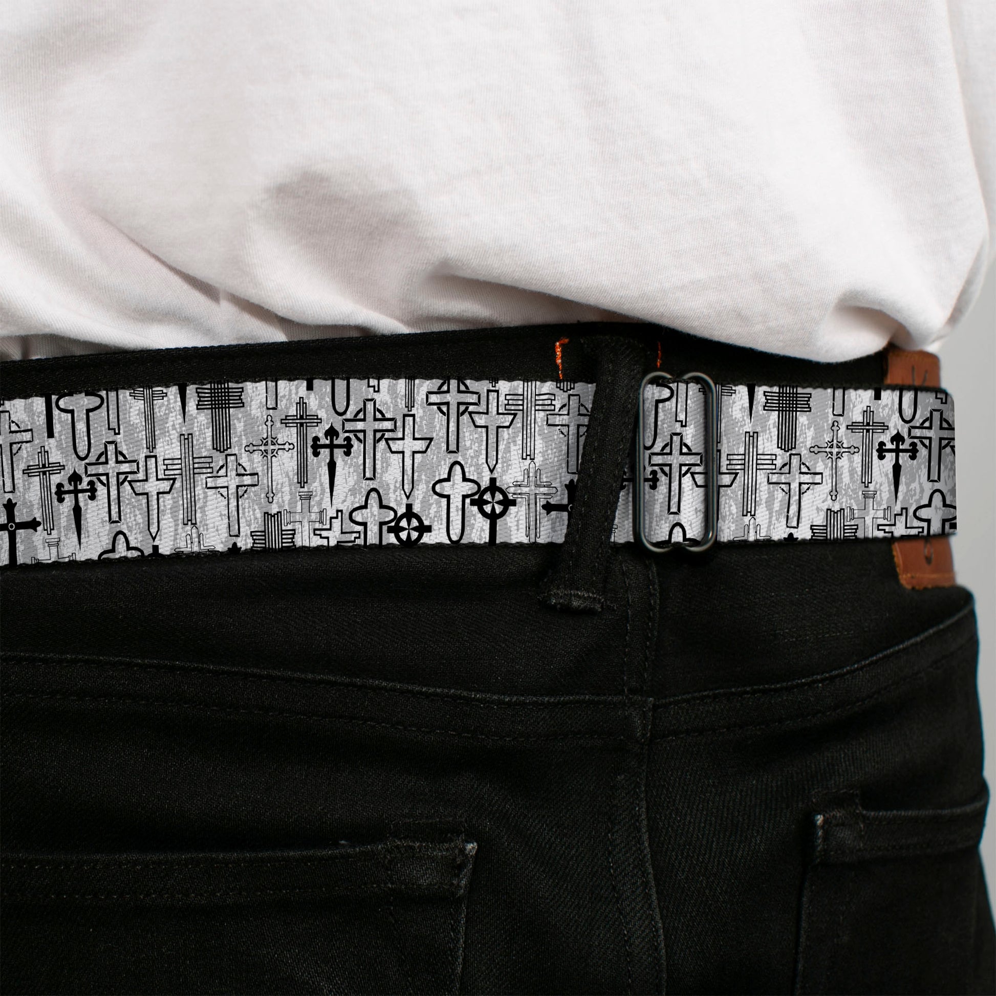 BD Wings Logo CLOSE-UP Full Color Black Silver Seatbelt Belt - Crosses Assorted Distressed White/Black Webbing Seatbelt Belts Buckle-Down