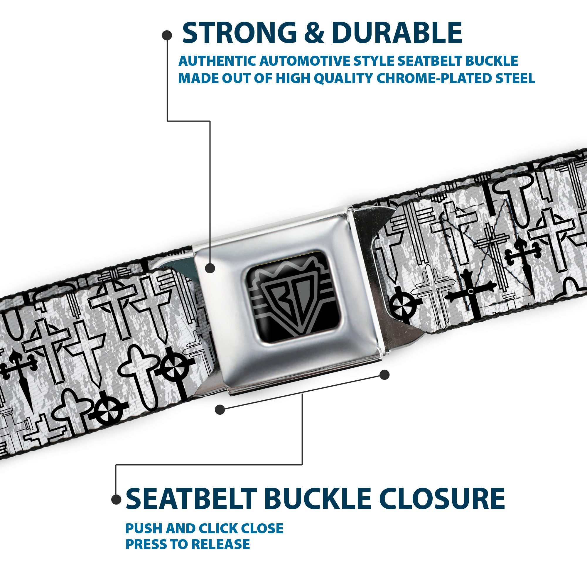 BD Wings Logo CLOSE-UP Full Color Black Silver Seatbelt Belt - Crosses Assorted Distressed White/Black Webbing Seatbelt Belts Buckle-Down
