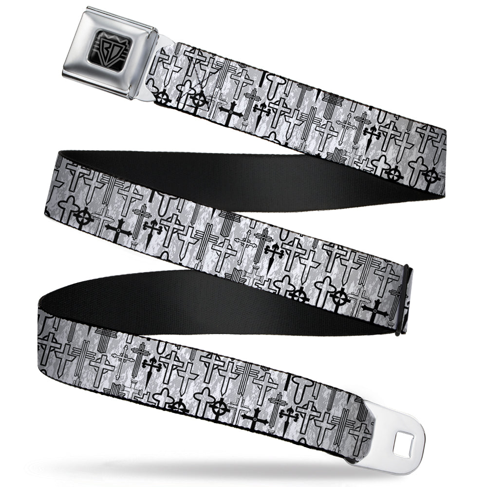 BD Wings Logo CLOSE-UP Full Color Black Silver Seatbelt Belt - Crosses Assorted Distressed White/Black Webbing Seatbelt Belts Buckle-Down