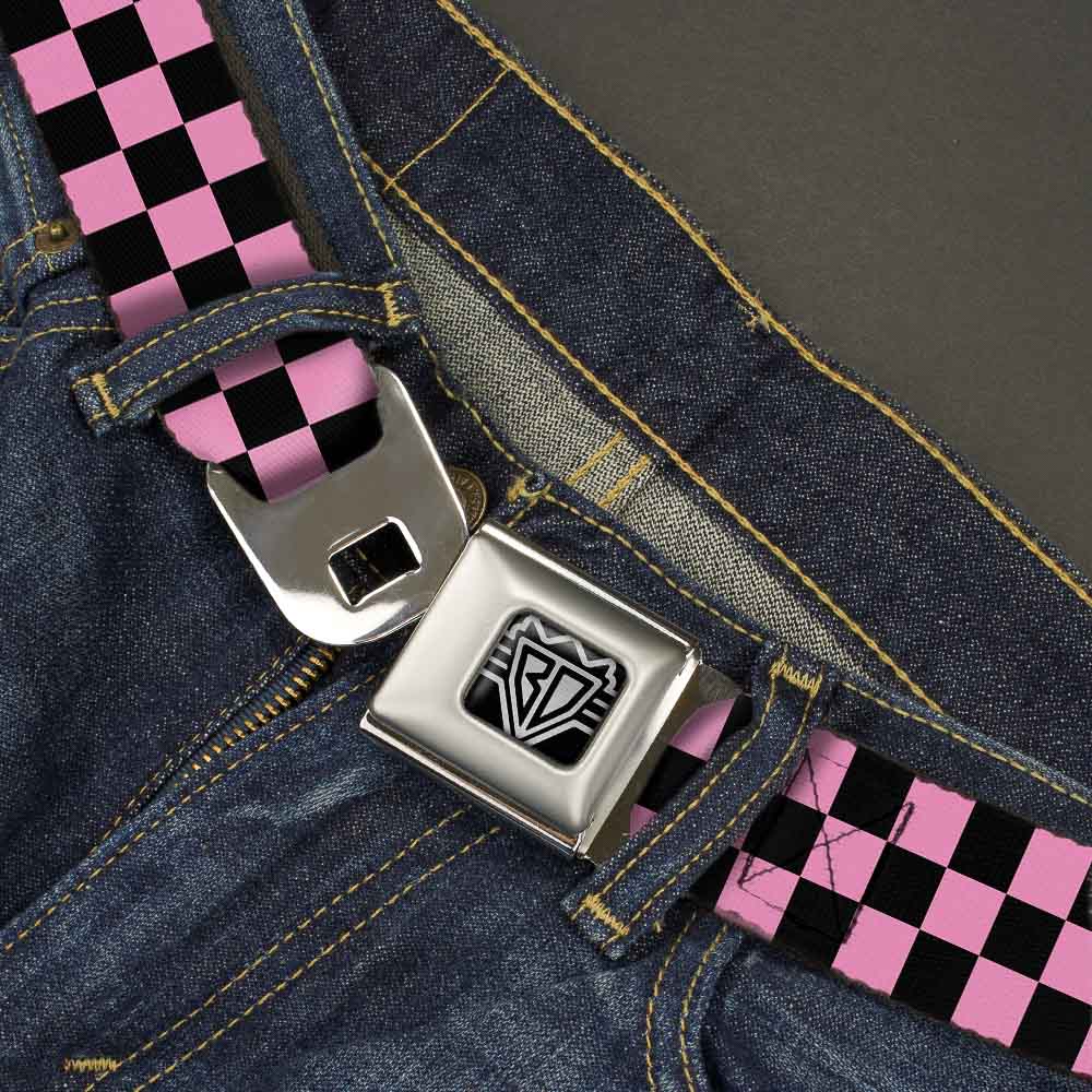 BD Wings Logo CLOSE-UP Full Color Black Silver Seatbelt Belt - Checker Black/Baby Pink Webbing Seatbelt Belts Buckle-Down