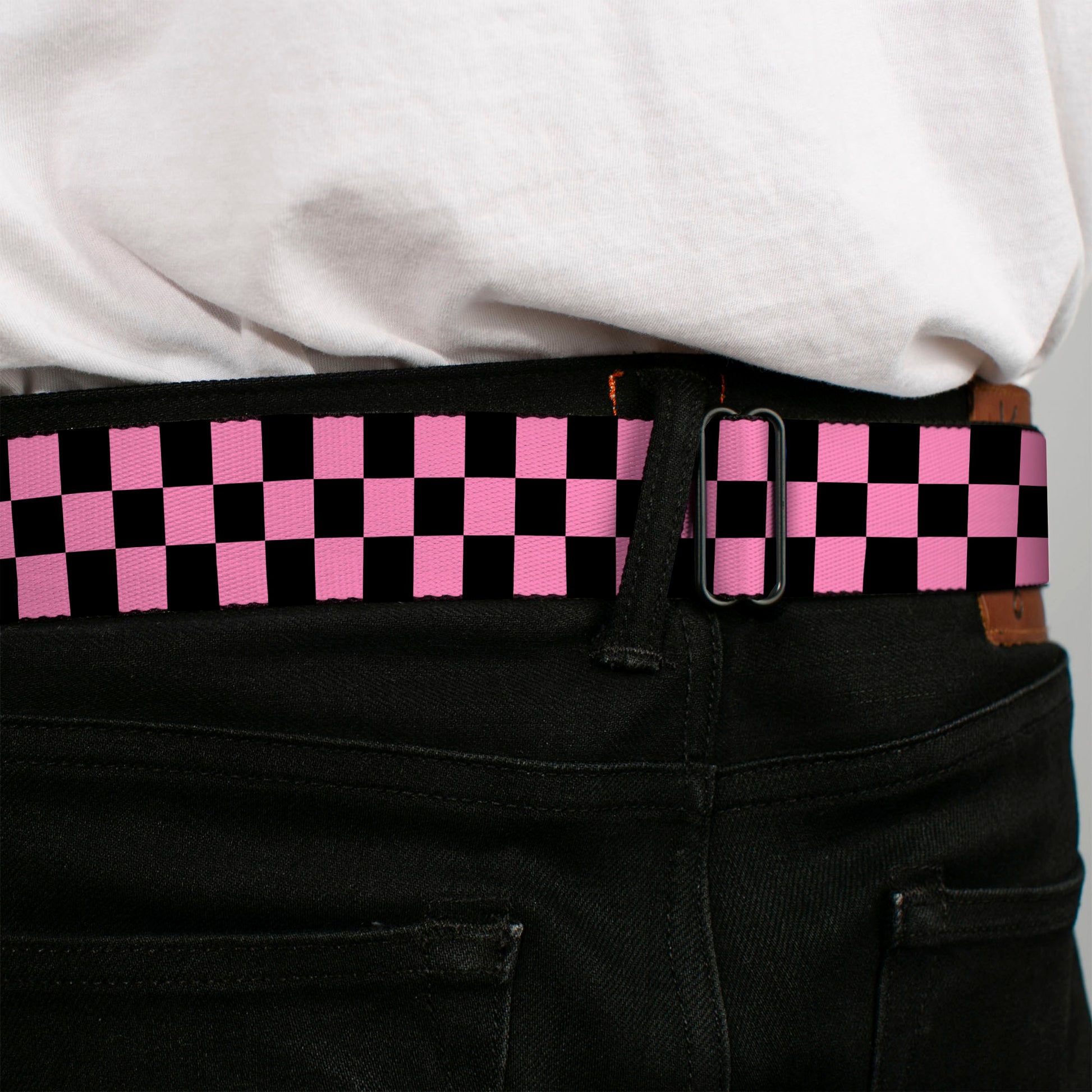 BD Wings Logo CLOSE-UP Full Color Black Silver Seatbelt Belt - Checker Black/Baby Pink Webbing Seatbelt Belts Buckle-Down