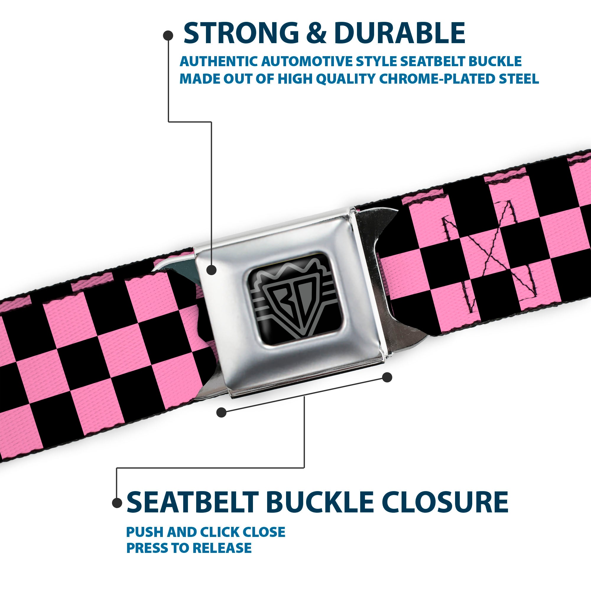BD Wings Logo CLOSE-UP Full Color Black Silver Seatbelt Belt - Checker Black/Baby Pink Webbing Seatbelt Belts Buckle-Down