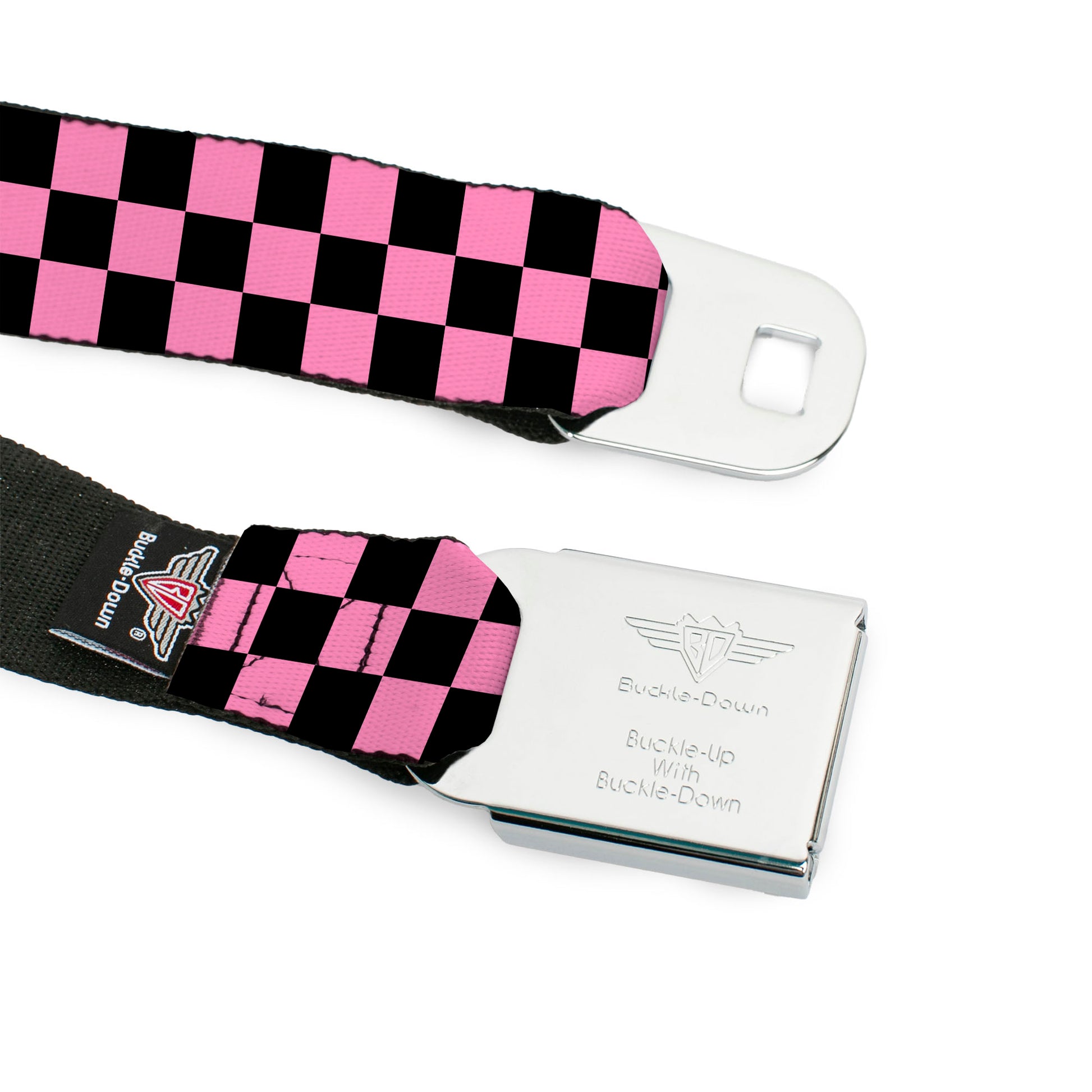 BD Wings Logo CLOSE-UP Full Color Black Silver Seatbelt Belt - Checker Black/Baby Pink Webbing Seatbelt Belts Buckle-Down