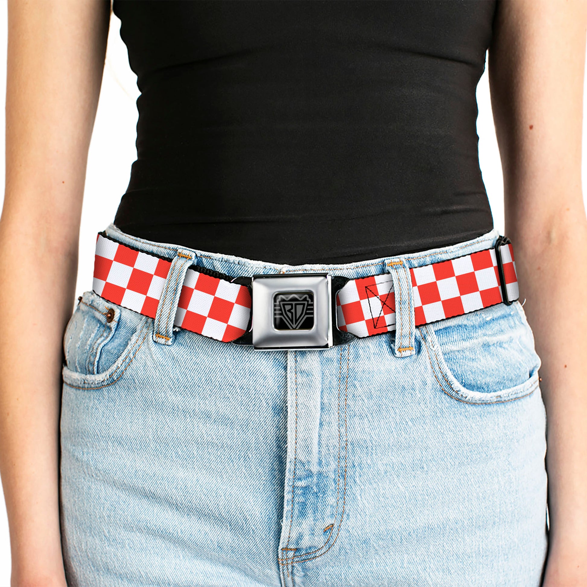 BD Wings Logo CLOSE-UP Full Color Black Silver Seatbelt Belt - Checker Red/White Webbing Seatbelt Belts Buckle-Down