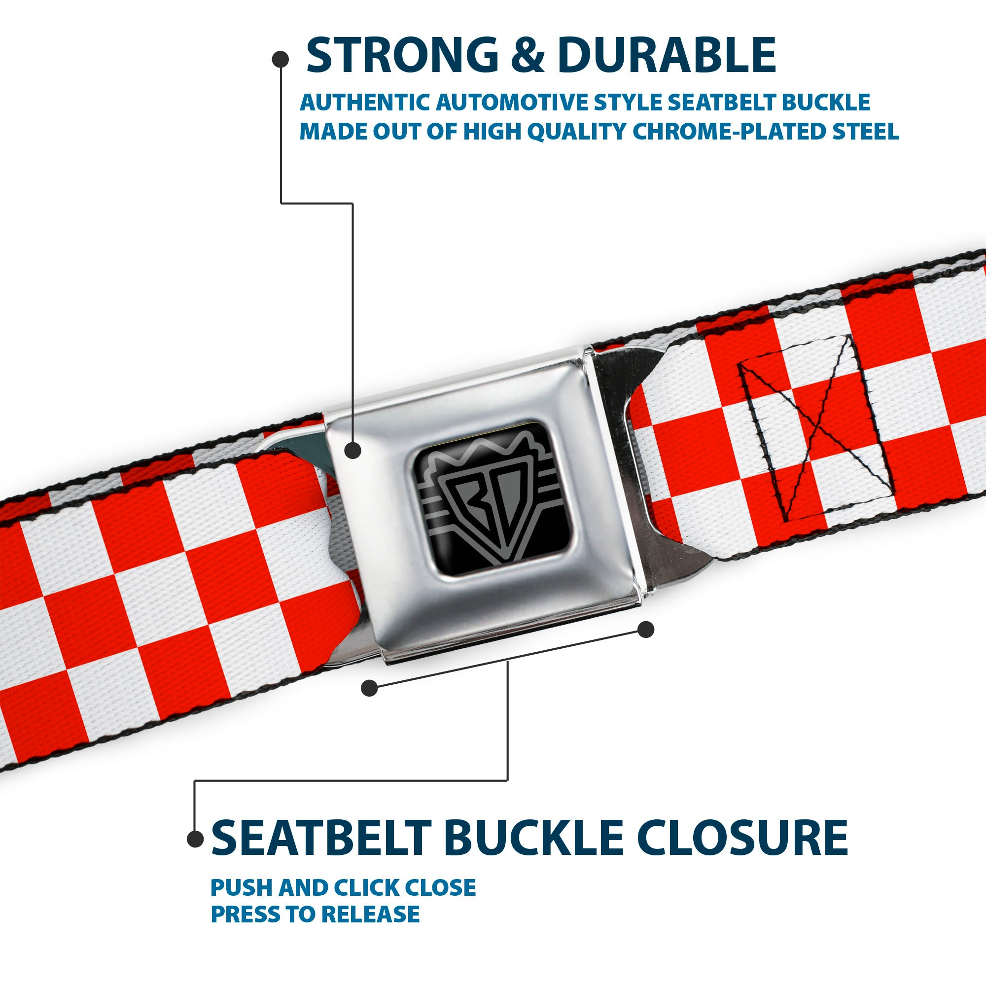 BD Wings Logo CLOSE-UP Full Color Black Silver Seatbelt Belt - Checker Red/White Webbing Seatbelt Belts Buckle-Down